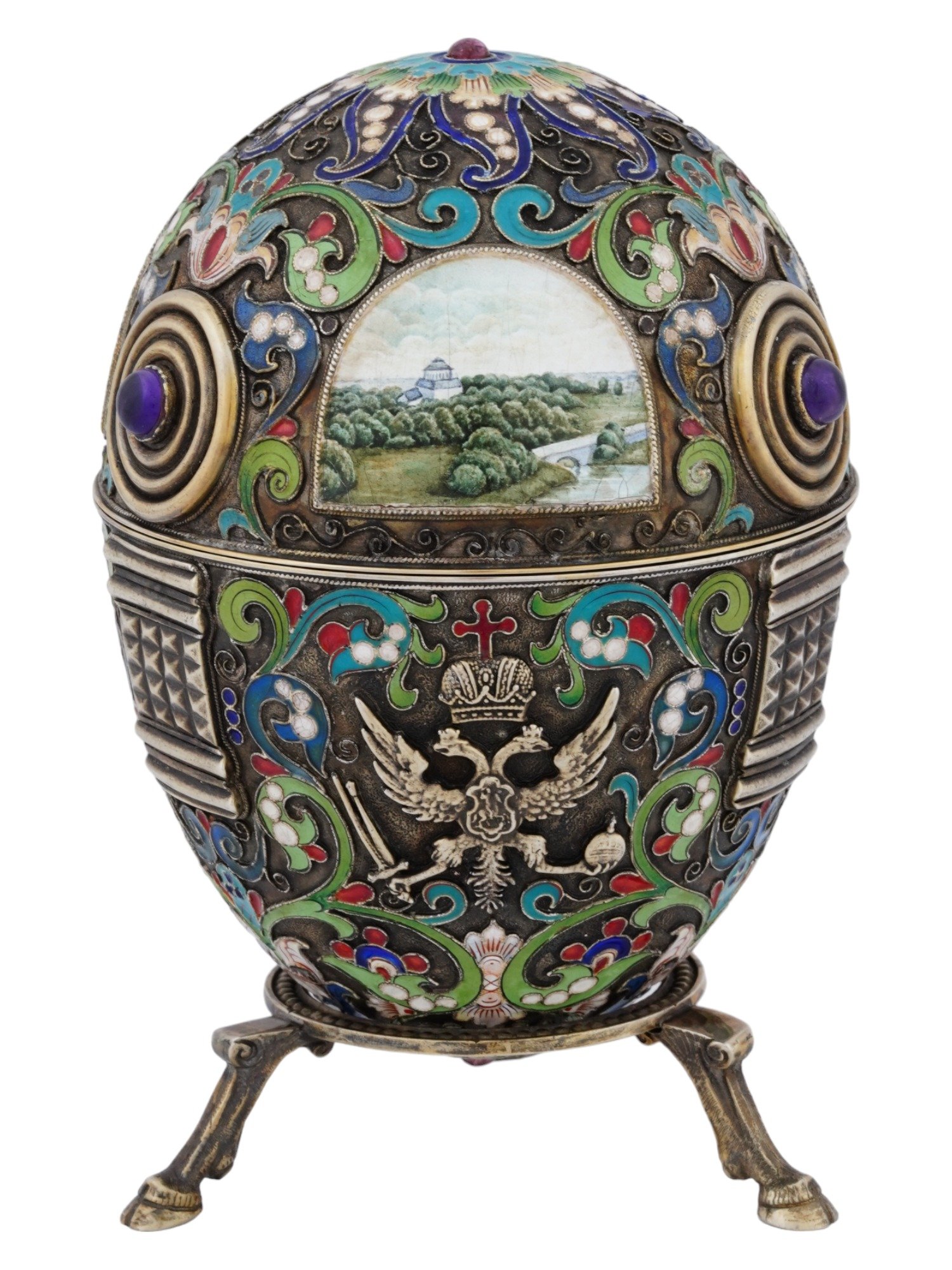 RUSSIAN SILVER ENAMEL EGG W MINIATURES AND STAND PIC-3