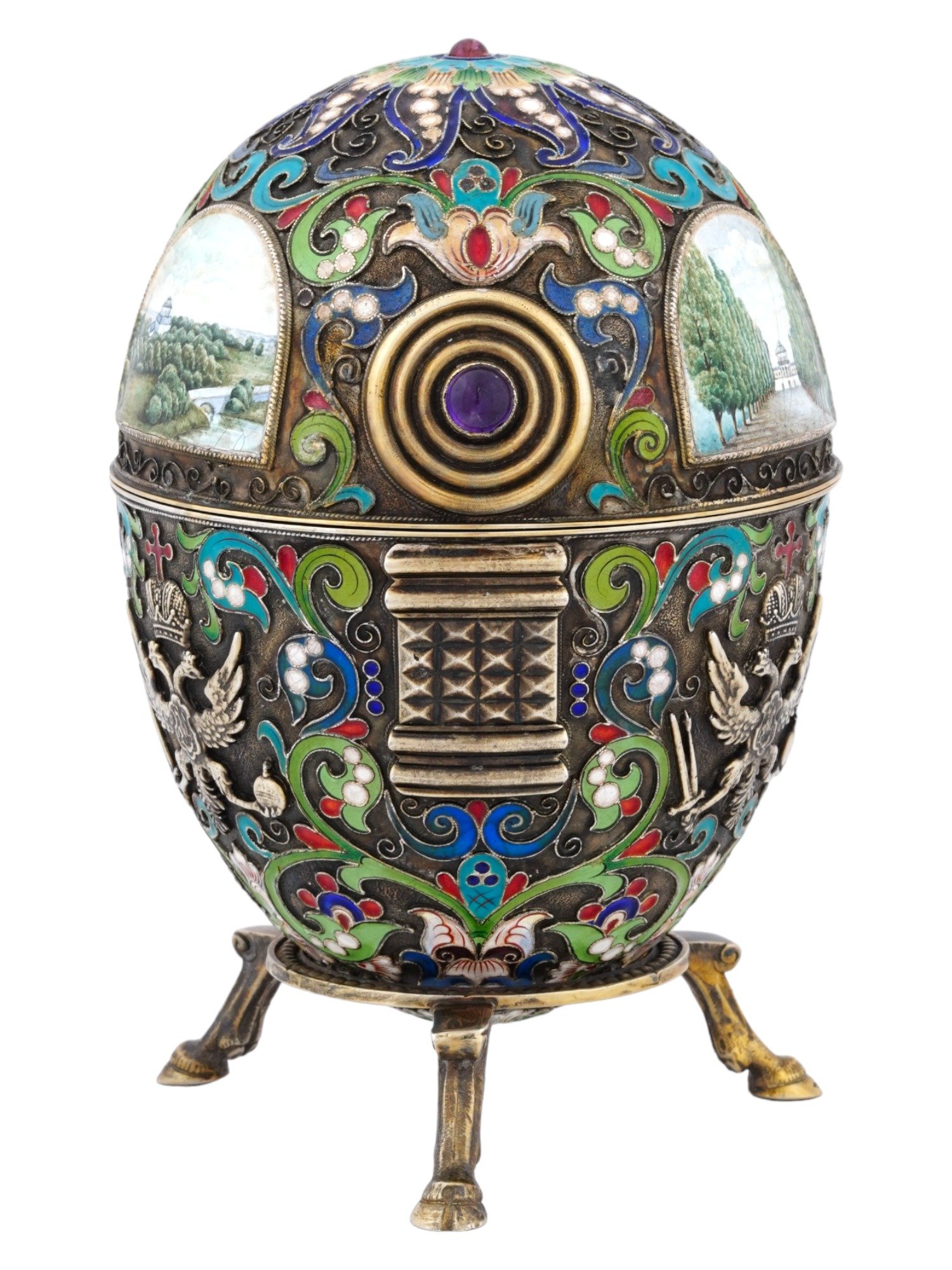 RUSSIAN SILVER ENAMEL EGG W MINIATURES AND STAND PIC-0