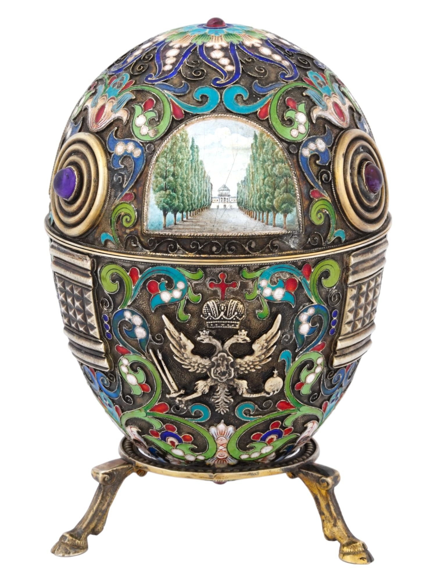 RUSSIAN SILVER ENAMEL EGG W MINIATURES AND STAND PIC-1