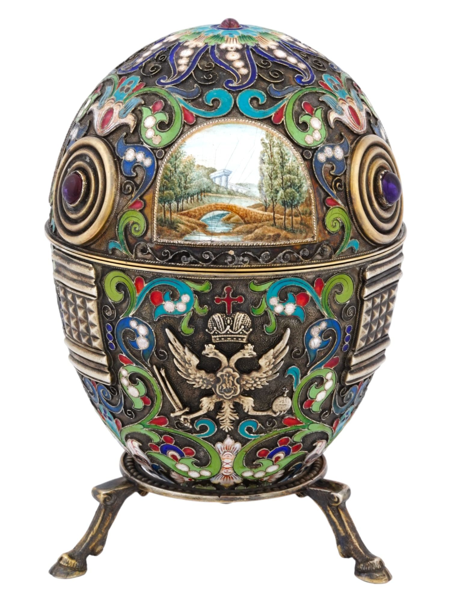 RUSSIAN SILVER ENAMEL EGG W MINIATURES AND STAND PIC-2