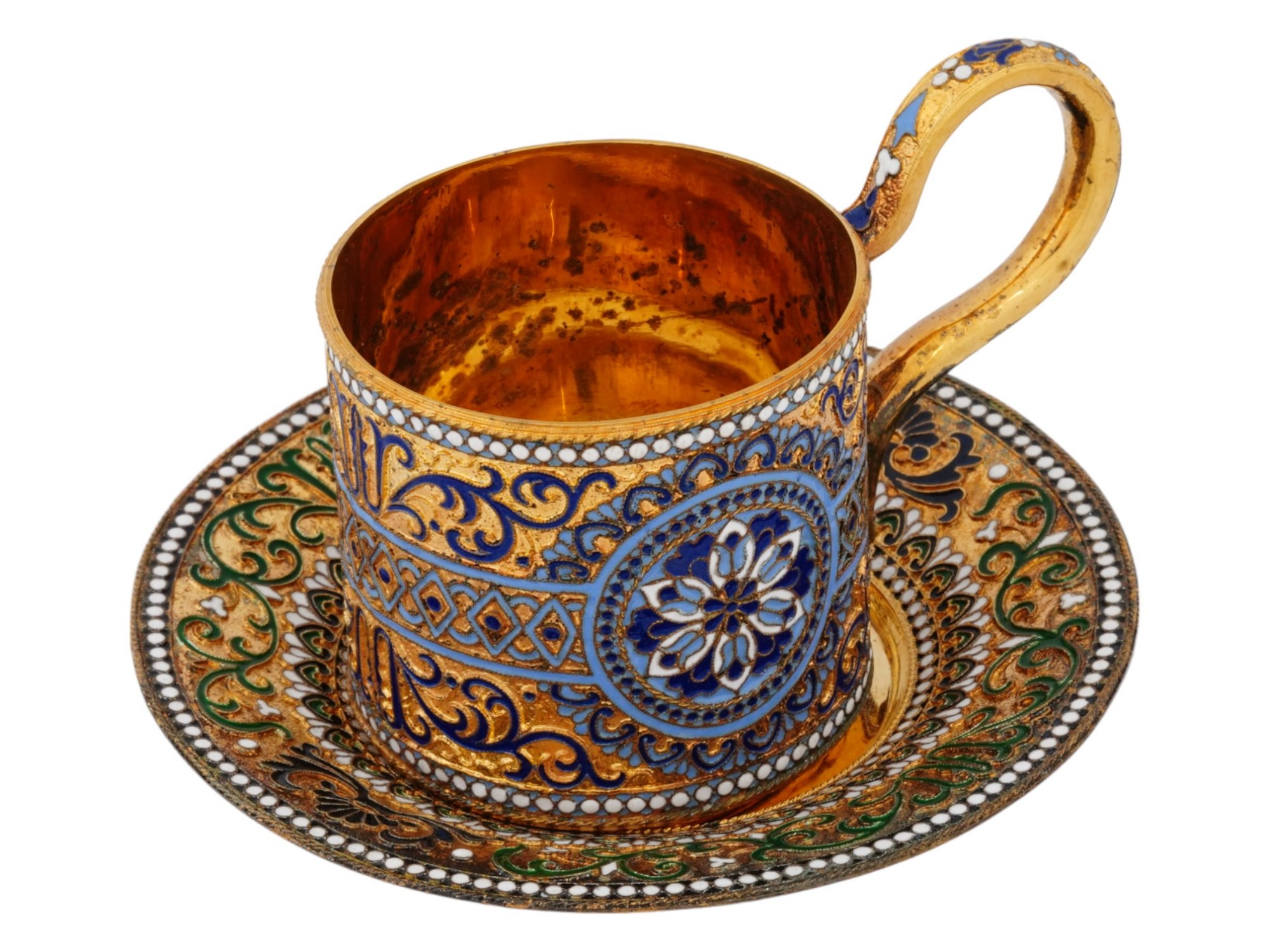 RUSSIAN SILVER CLOISONNE ENAMEL CUP AND SAUCER PIC-0