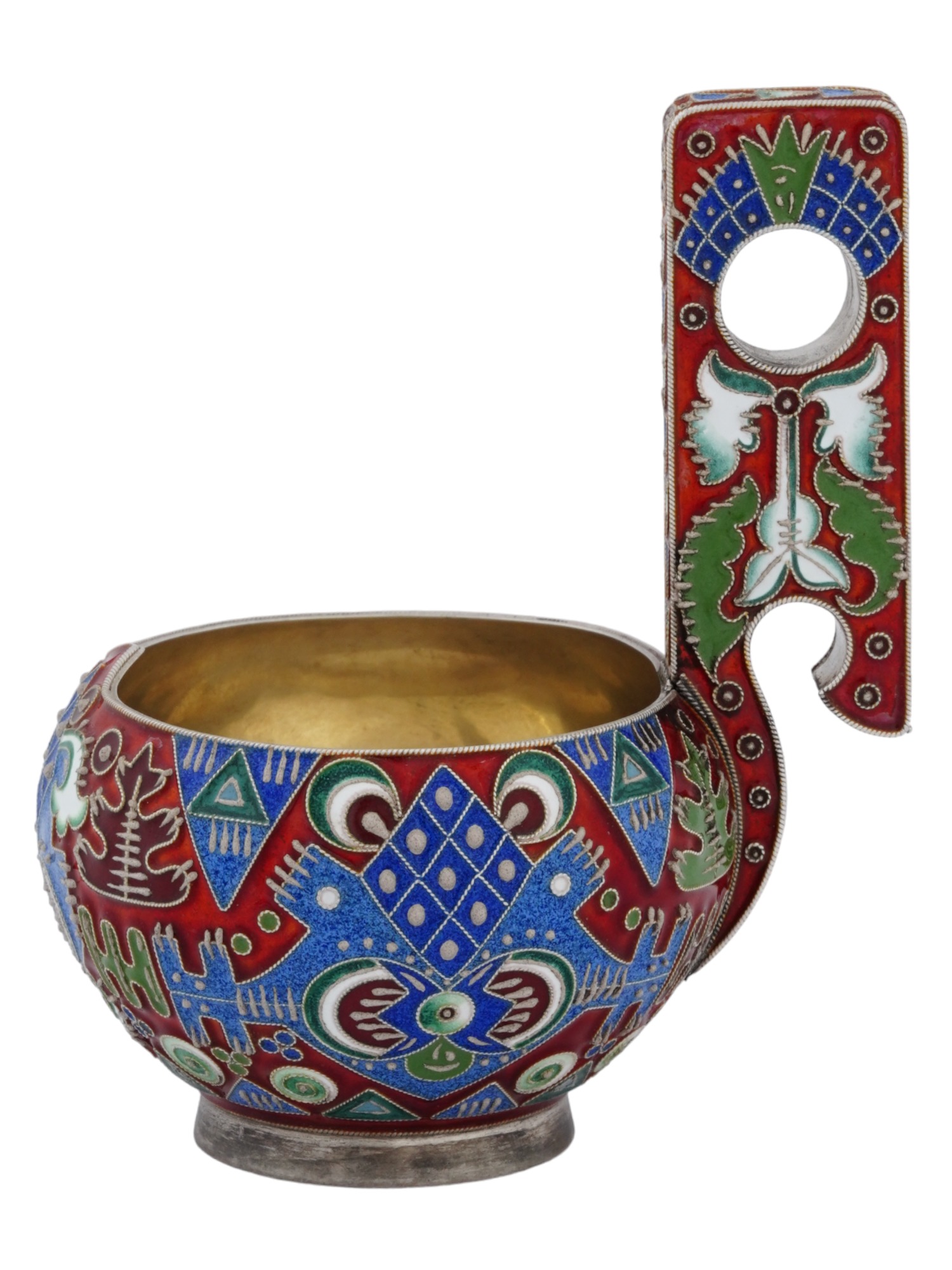 RUSSIAN 88 SILVER ENAMEL KOVSH WITH RAISED HANDLE PIC-1