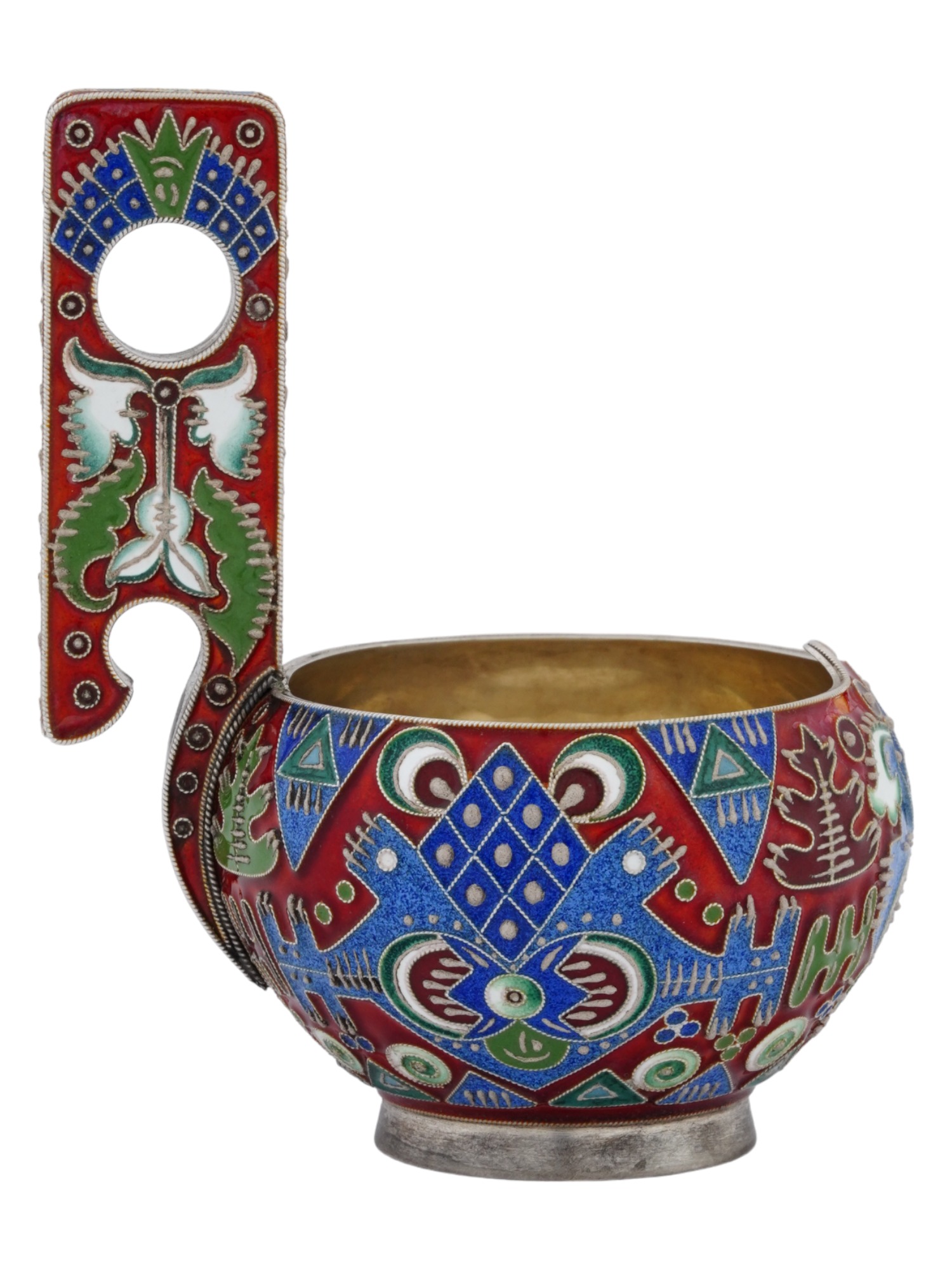 RUSSIAN 88 SILVER ENAMEL KOVSH WITH RAISED HANDLE PIC-2