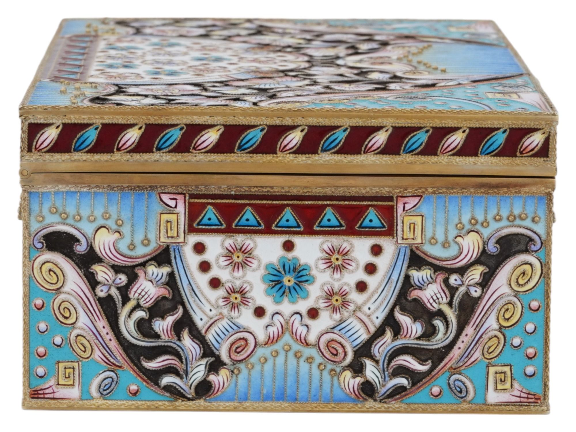 RUSSIAN 88 GILT SILVER ENAMEL LIDDED JEWELRY BOX PIC-2