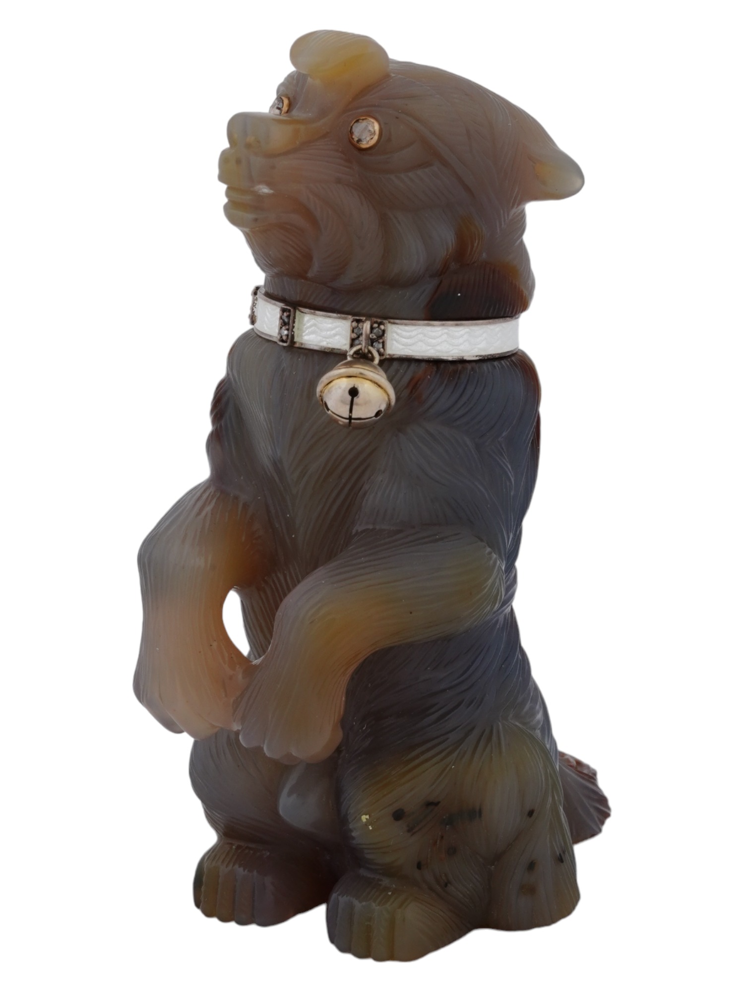 RUSSIAN CARVED AGATE AND 14K GOLD ENAMEL DOG FIGURINE PIC-0