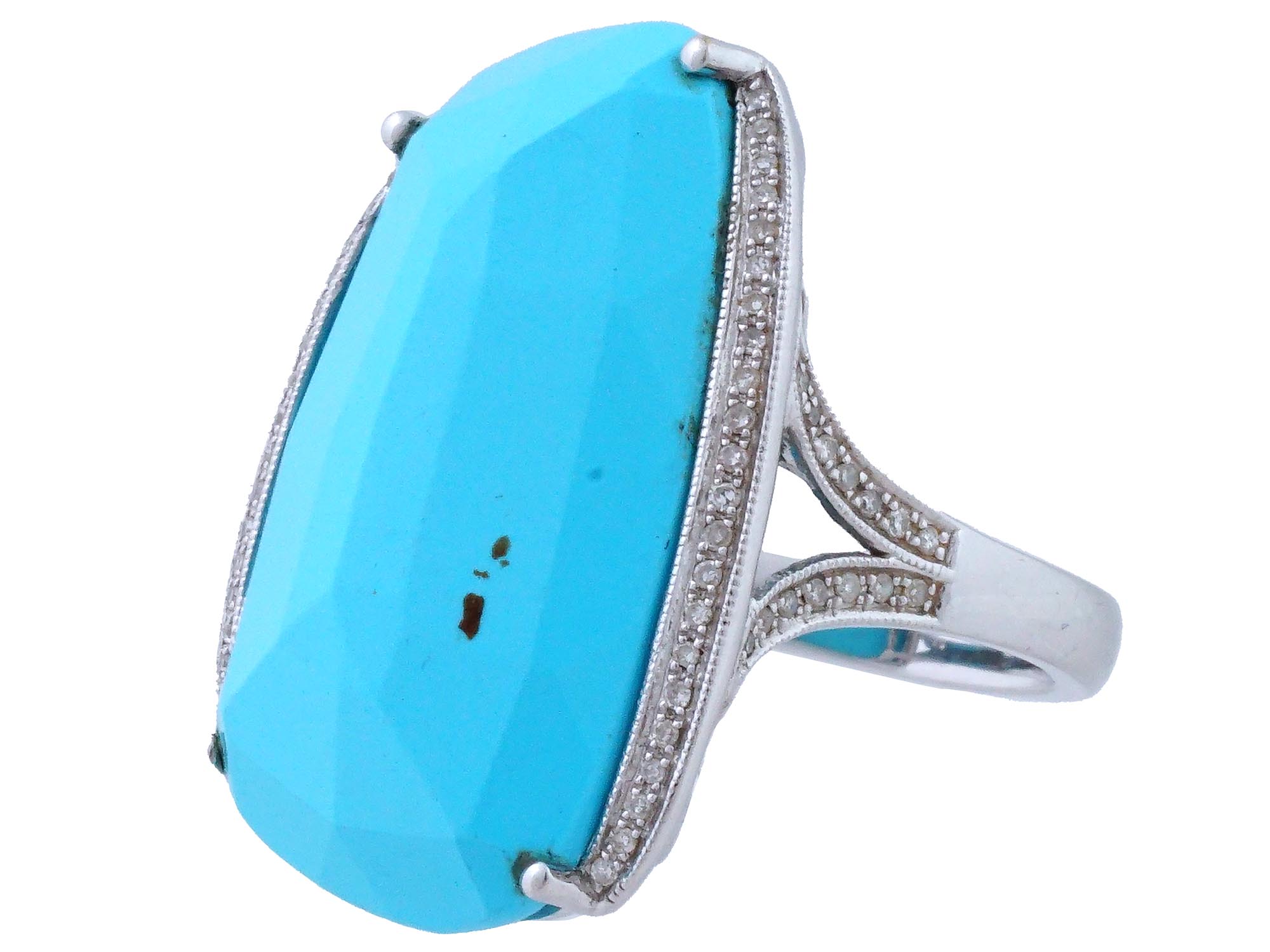 VINTAGE 14K WHITE GOLD TURQUOISE DIAMOND RING PIC-0