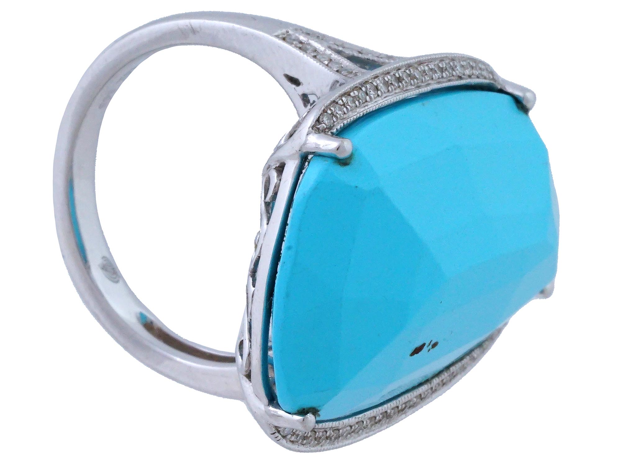 VINTAGE 14K WHITE GOLD TURQUOISE DIAMOND RING PIC-3