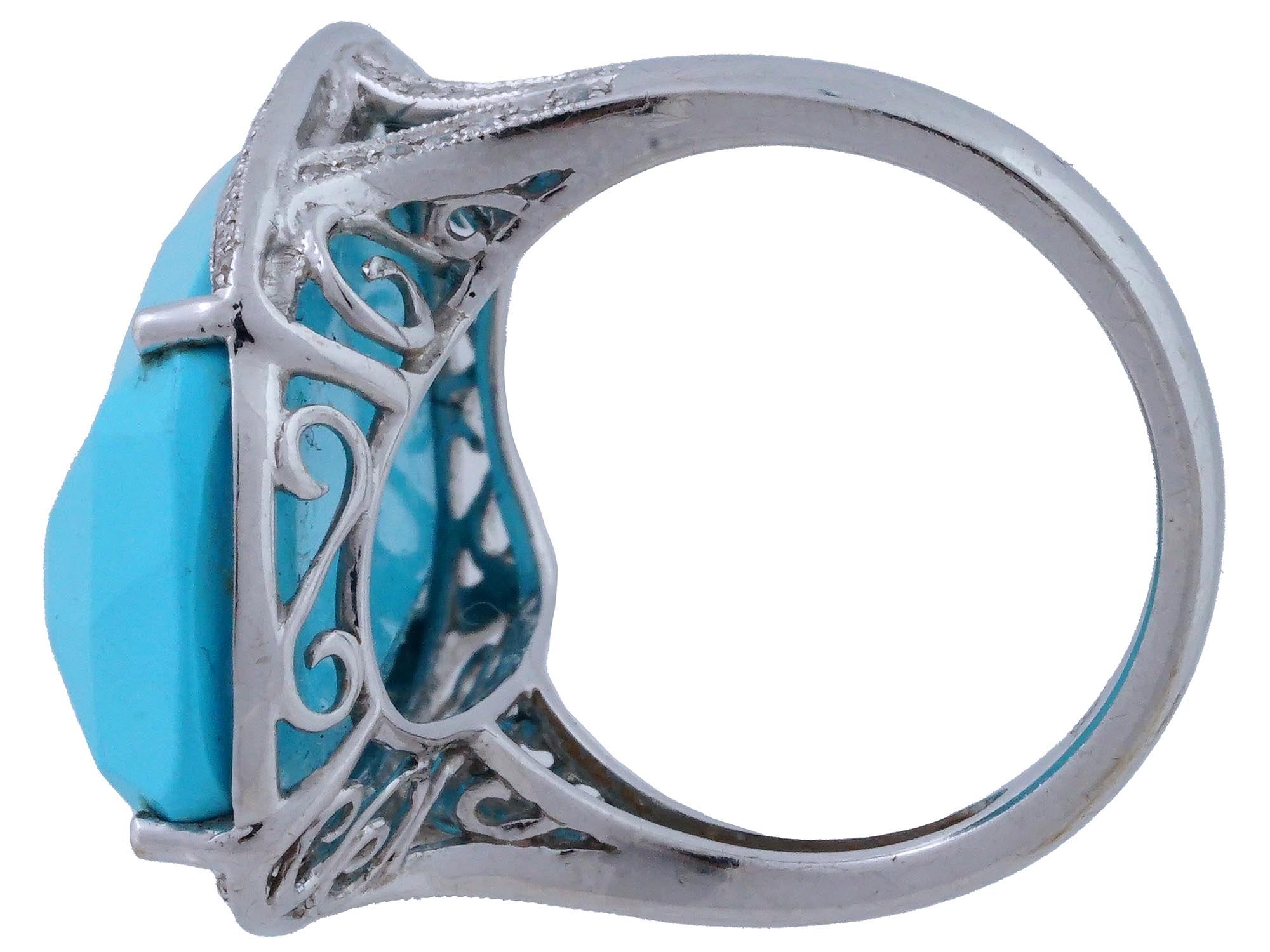 VINTAGE 14K WHITE GOLD TURQUOISE DIAMOND RING PIC-6