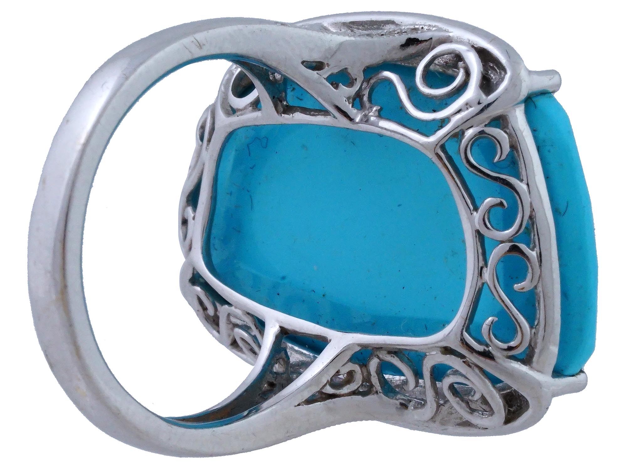 VINTAGE 14K WHITE GOLD TURQUOISE DIAMOND RING PIC-4