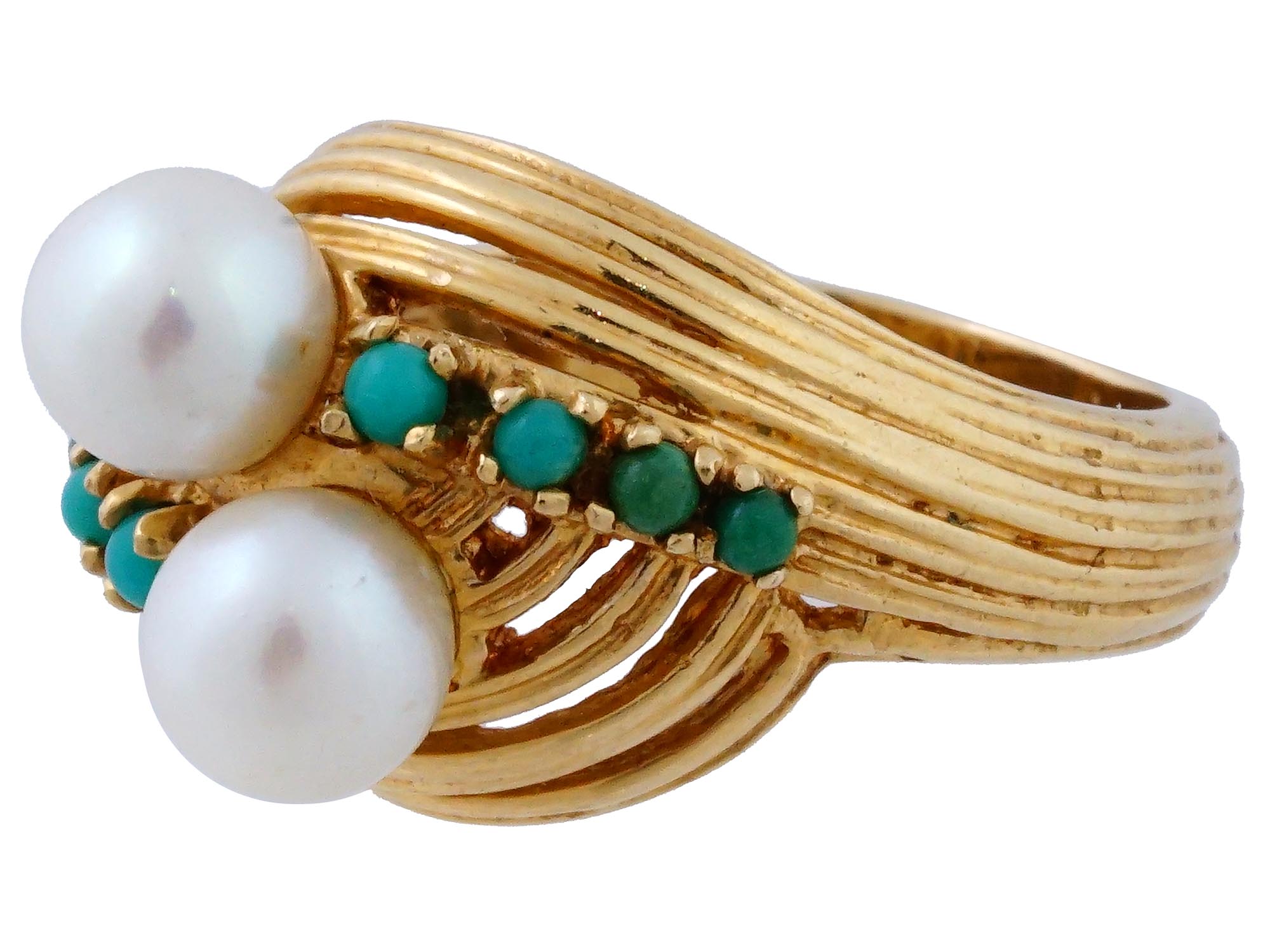 VINTAGE 14K GOLD FRESHWATER PEARL TURQUOISE RING PIC-1