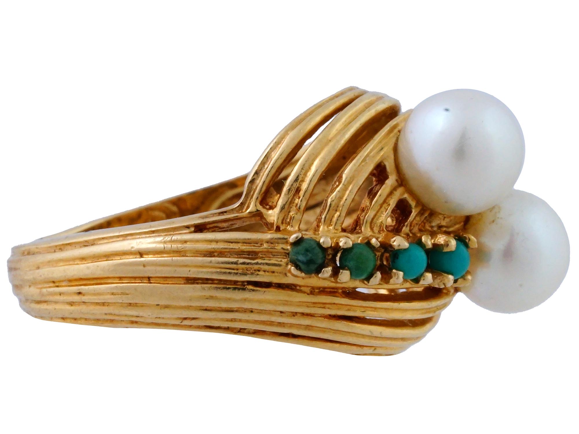 VINTAGE 14K GOLD FRESHWATER PEARL TURQUOISE RING PIC-4