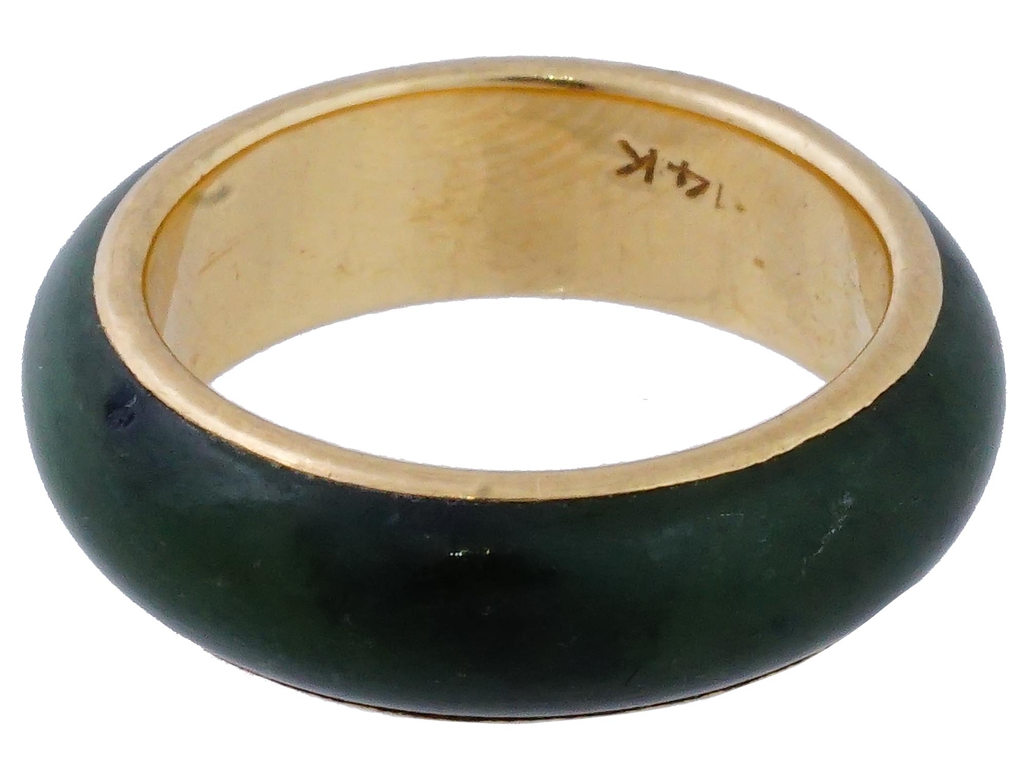 VINTAGE 14K GOLD DARK GREEN JADE STONE BAND RING PIC-0