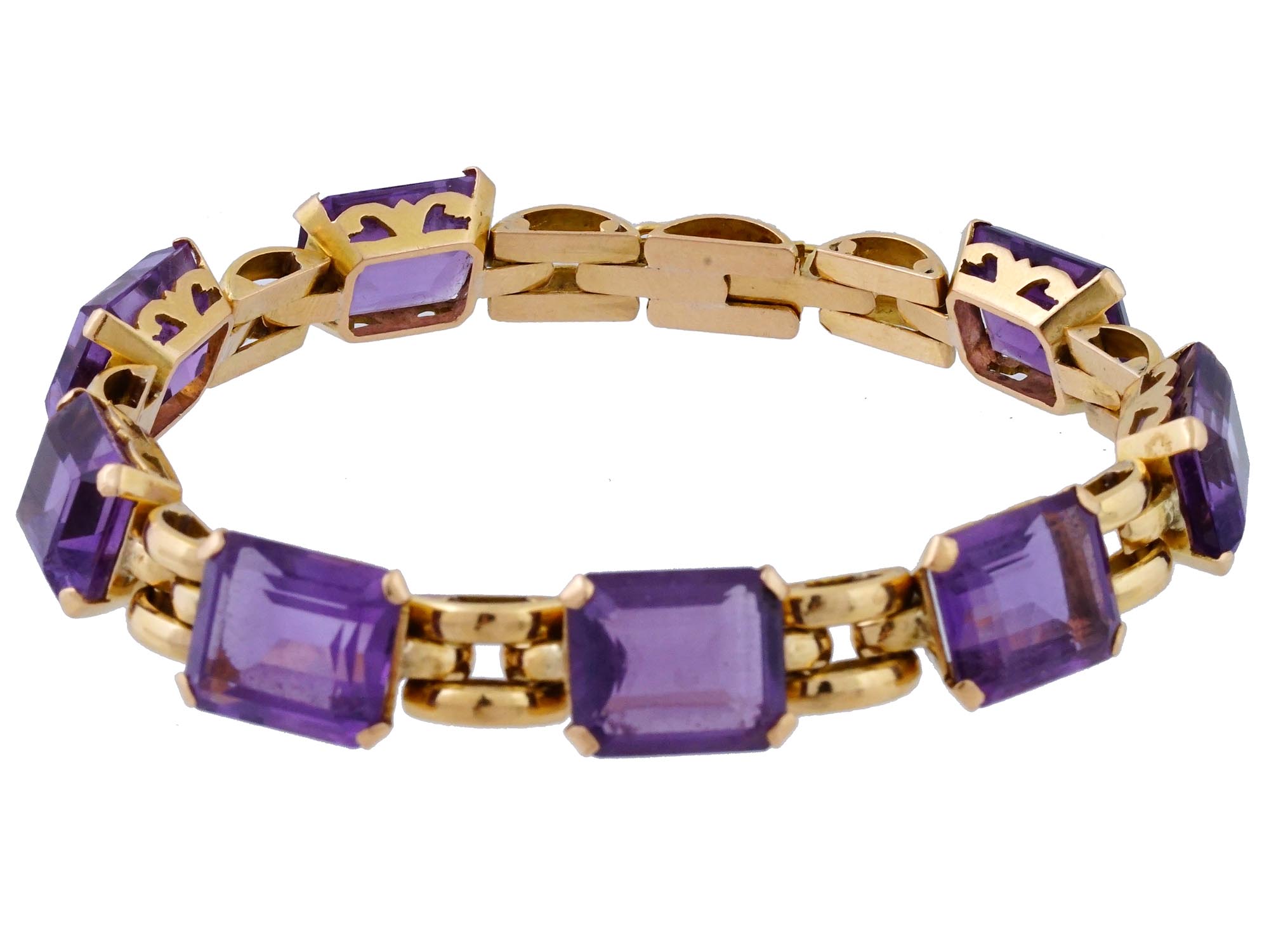 VINTAGE 14K GOLD AMETHYST STONE LINK BRACELET PIC-0