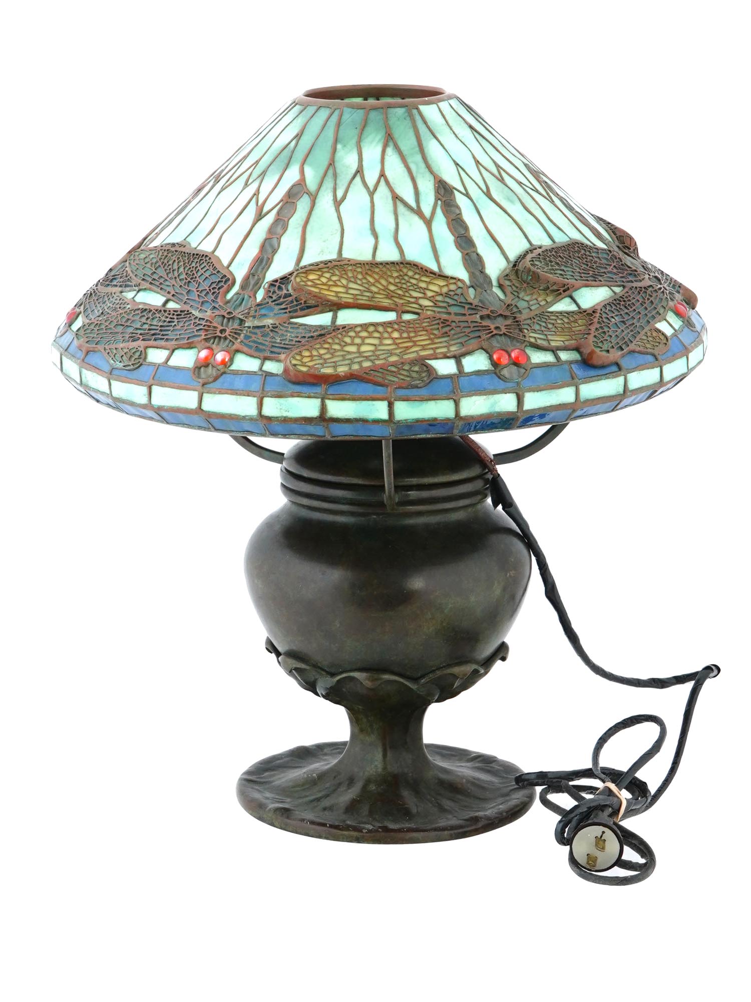 TIFFANY AND CO LEADED GLASS DRAGONFLY TABLE LAMP PIC-0