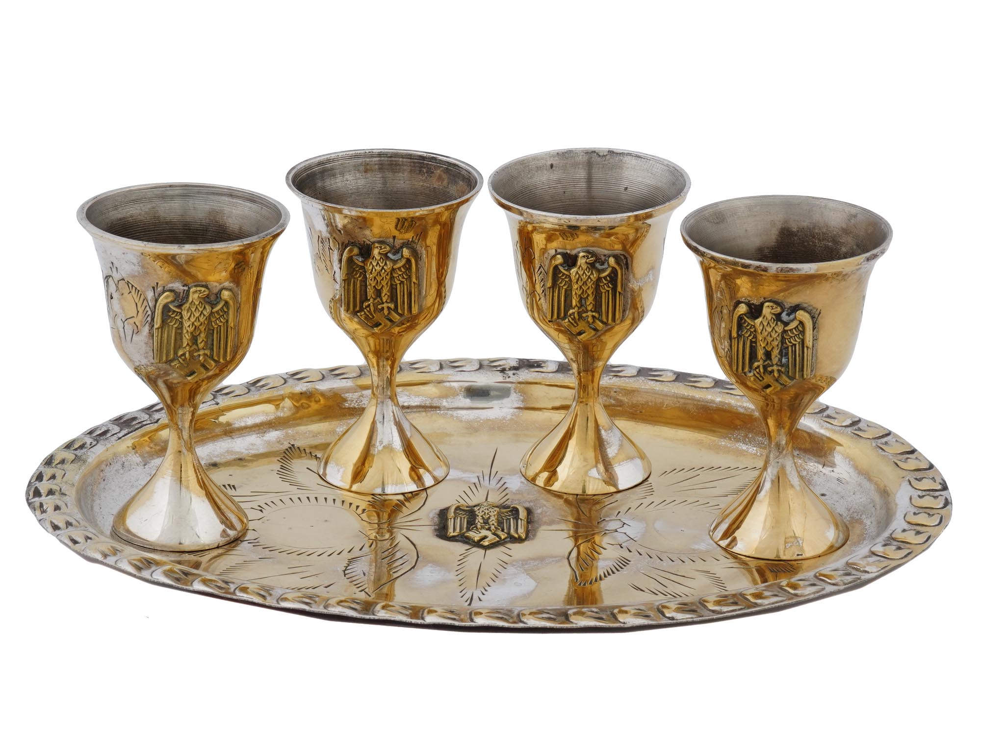WWII NAZI GERMAN GILT BRASS GOBLETS AND SERVING TRAY PIC-0