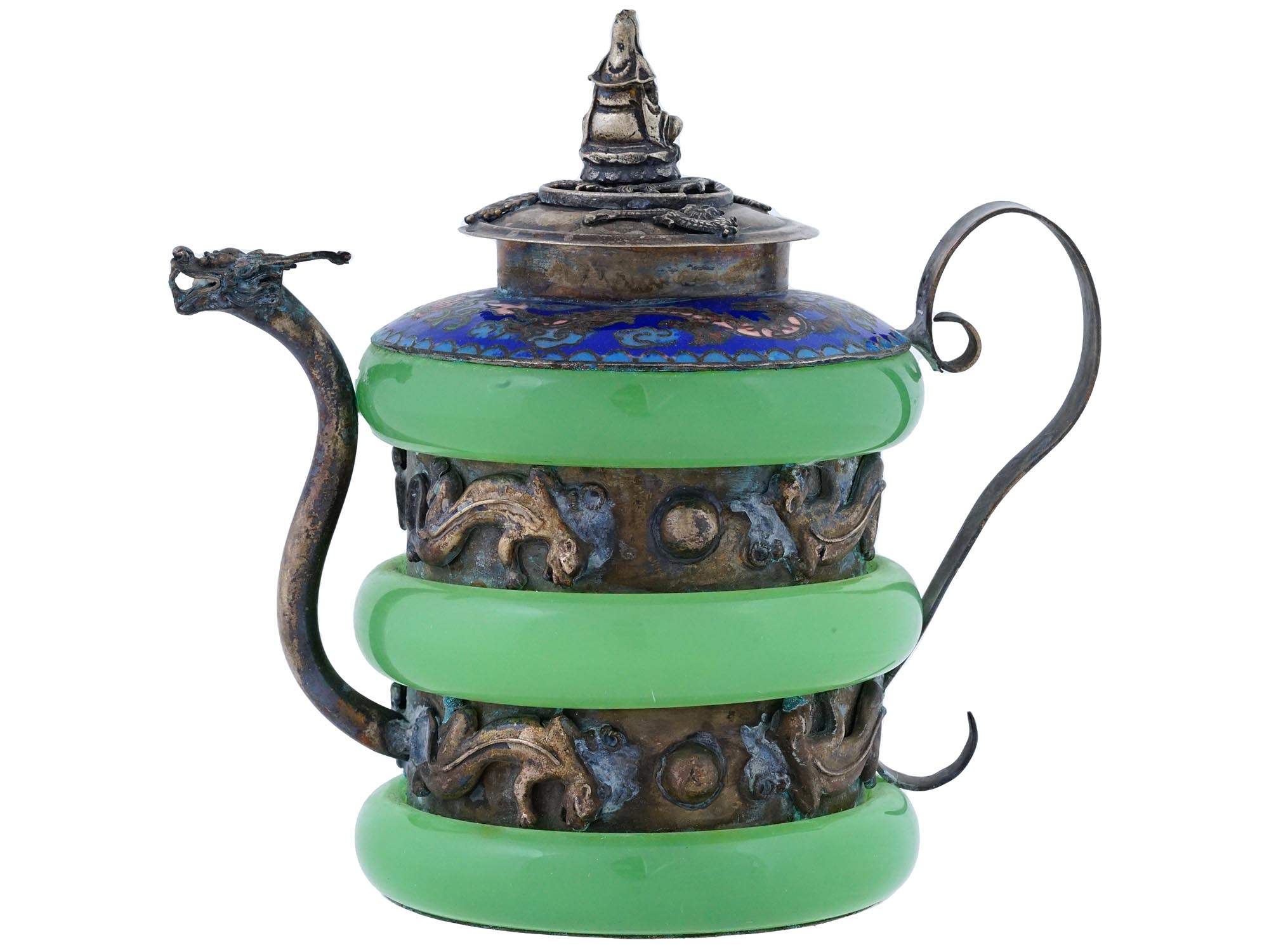 CHINESE TIBETAN SILVER CARVED JADE ENAMEL TEA POT PIC-1