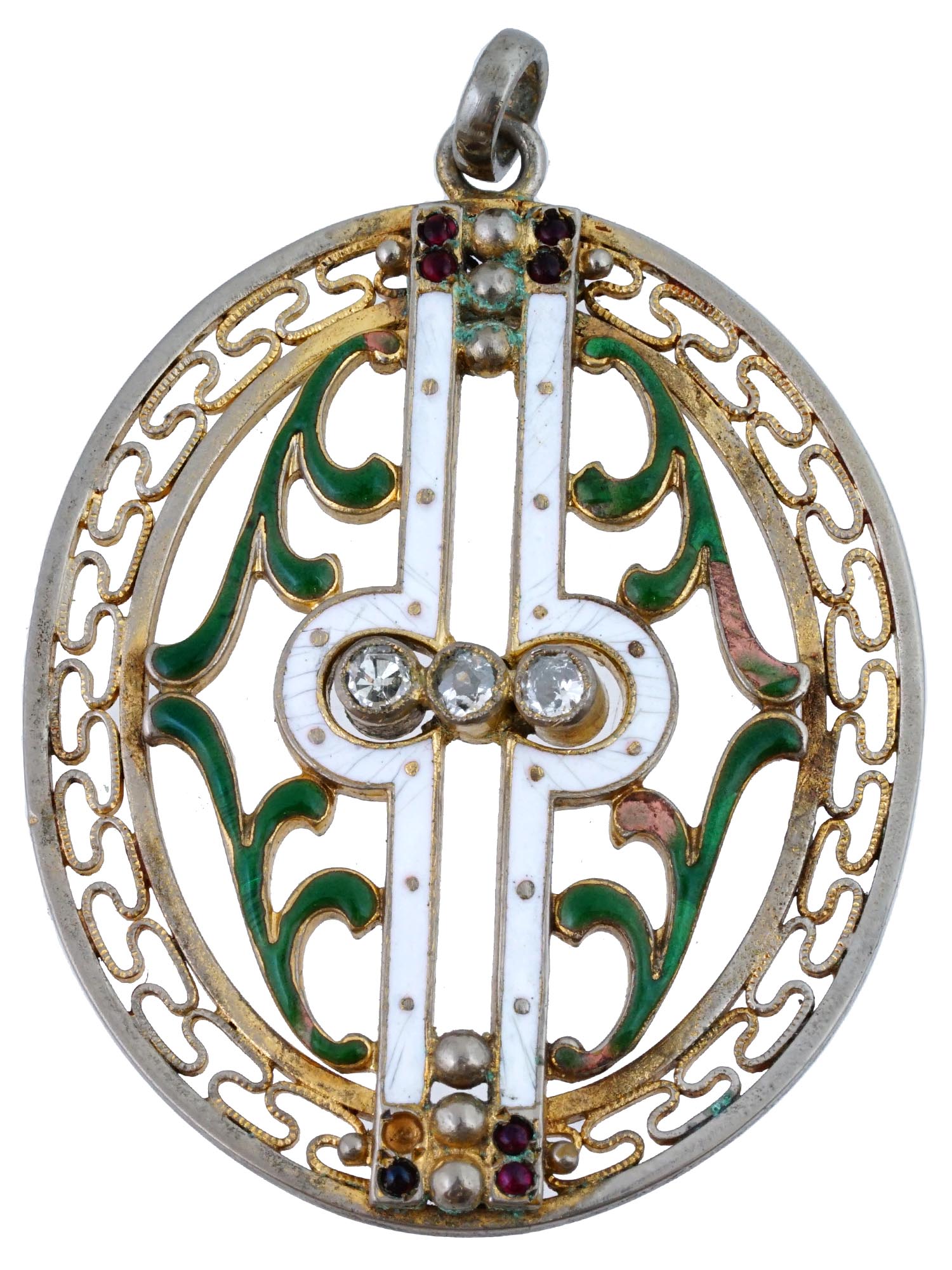 VINTAGE GILT AND ENAMELED PENDANT WITH GEMSTONES PIC-0