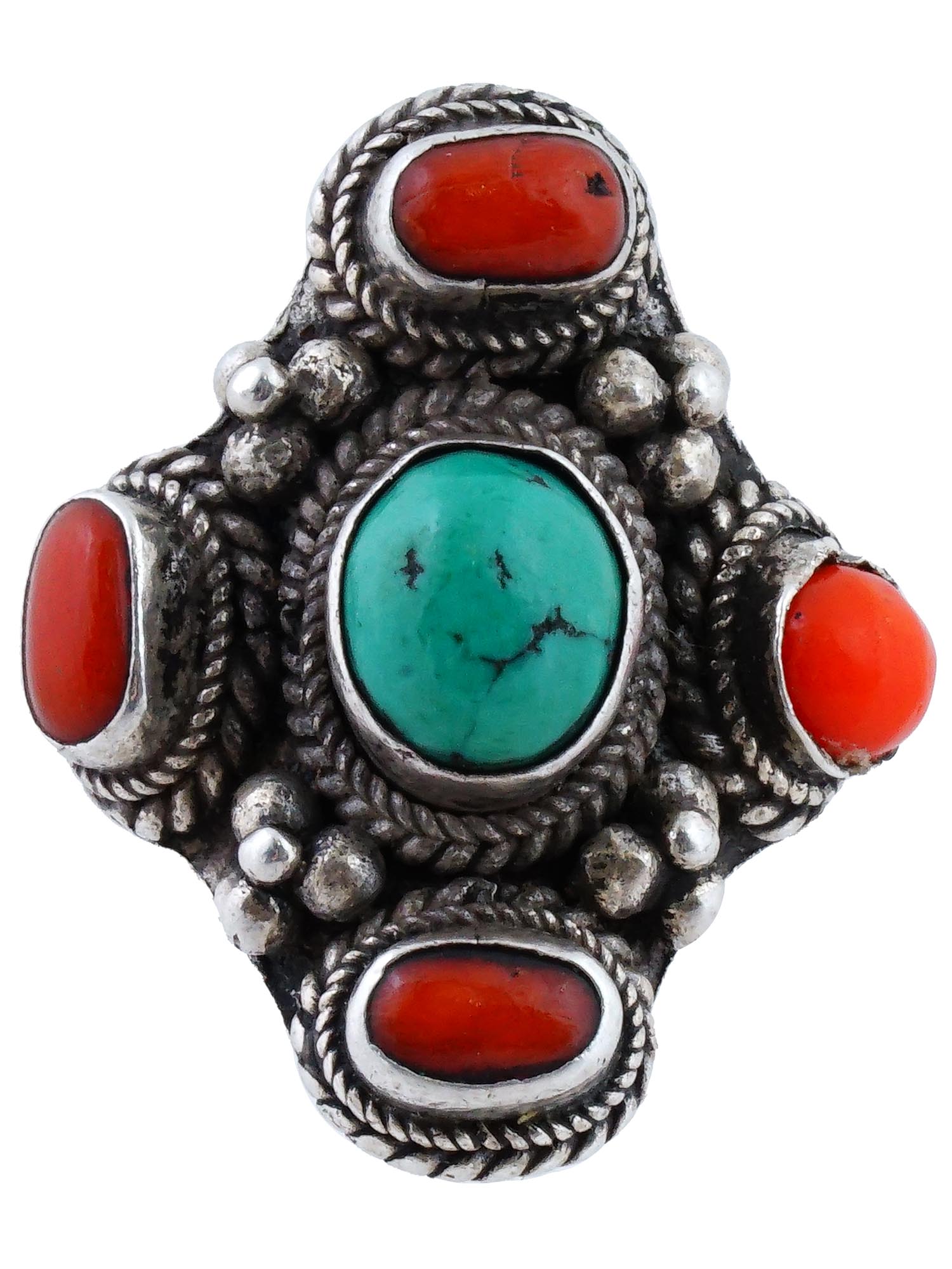 NAVAJO STERLING SILVER TURQUOISE RED CORAL RING PIC-0