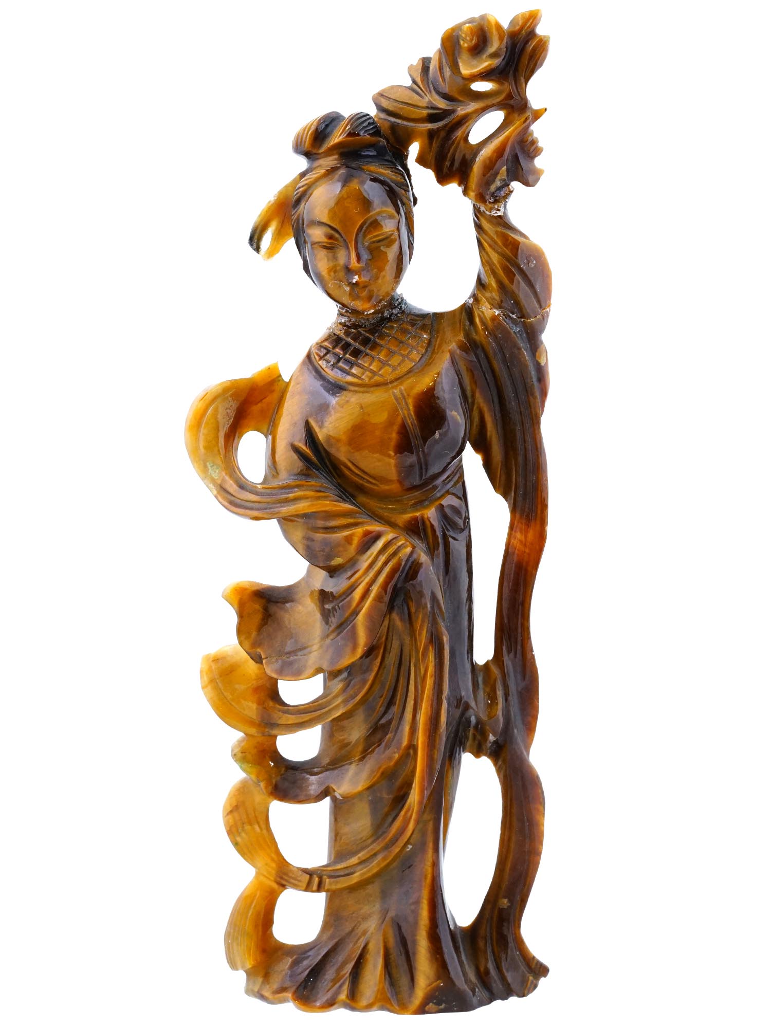 VINTAGE CHINESE CARVED TIGER EYE STONE GUANYIN FIGURE PIC-0