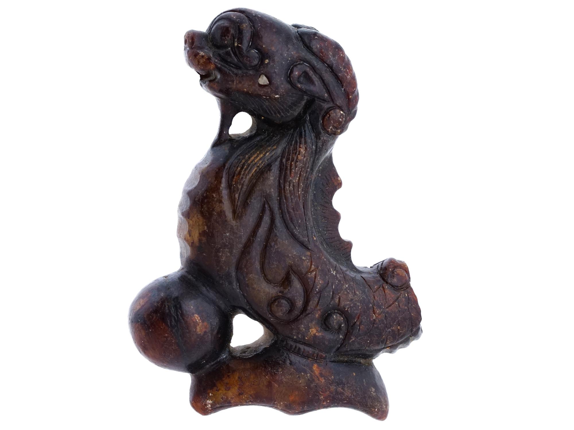 VINTAGE CHINESE CARVED DARK BROWN JADE LION FIGURINE PIC-0