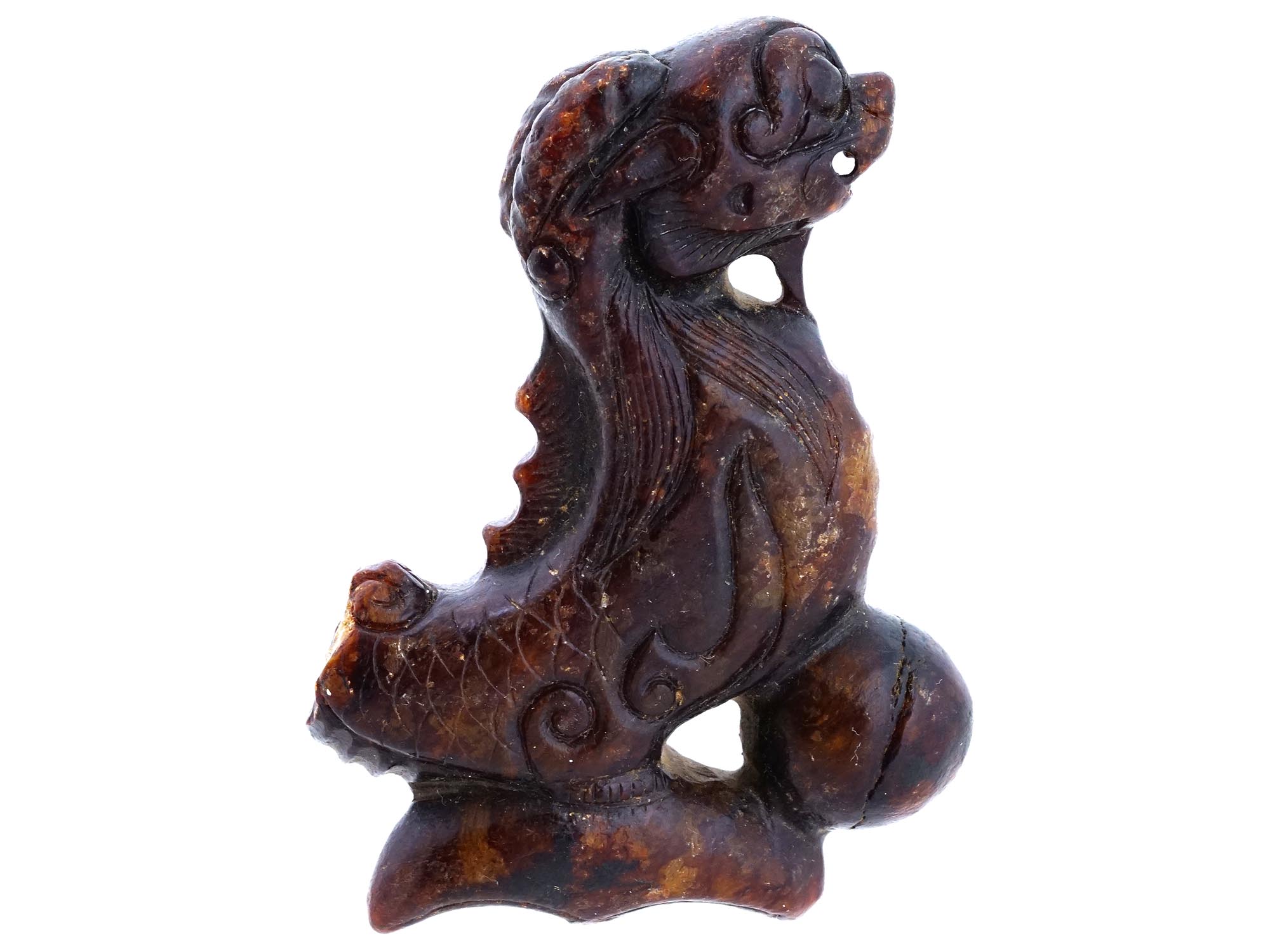 VINTAGE CHINESE CARVED DARK BROWN JADE LION FIGURINE PIC-1