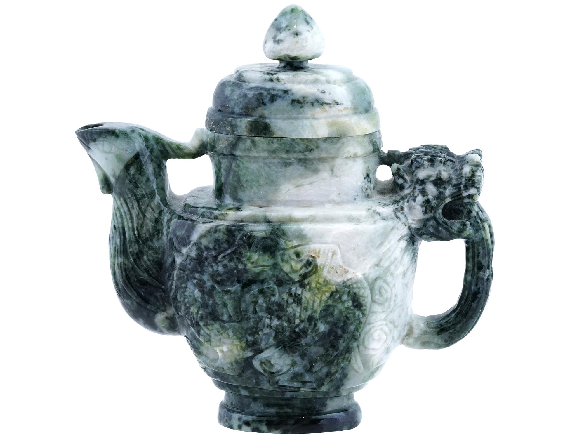 VINTAGE CHINESE CARVED JADE DRAGON MOTIF TEAPOT PIC-2