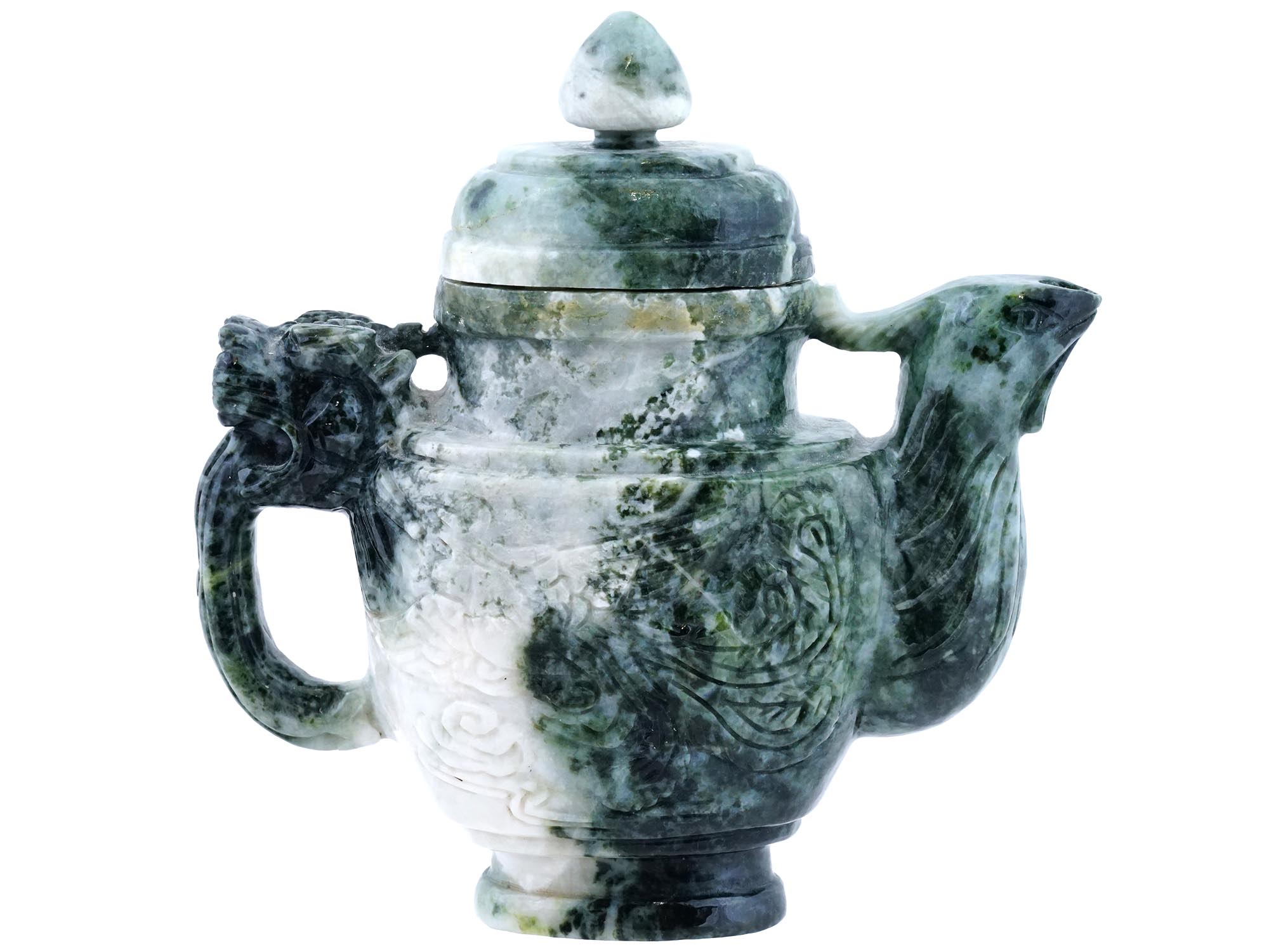 VINTAGE CHINESE CARVED JADE DRAGON MOTIF TEAPOT PIC-1