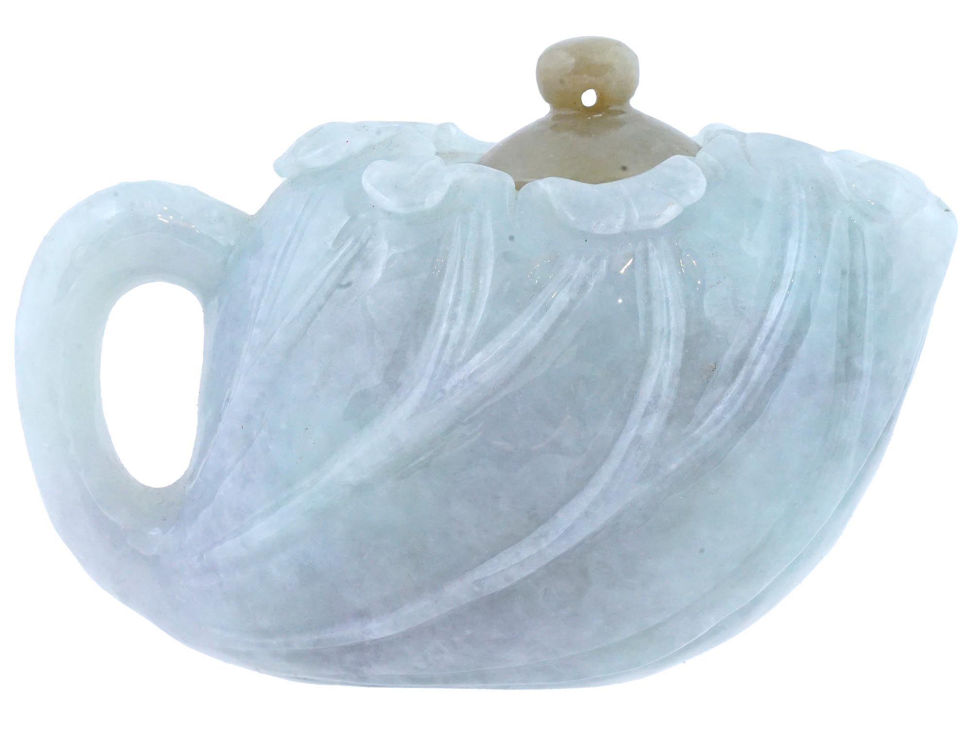 ANTIQUE CHINESE MINIATURE CARVED LAVENDER JADE TEAPOT PIC-1