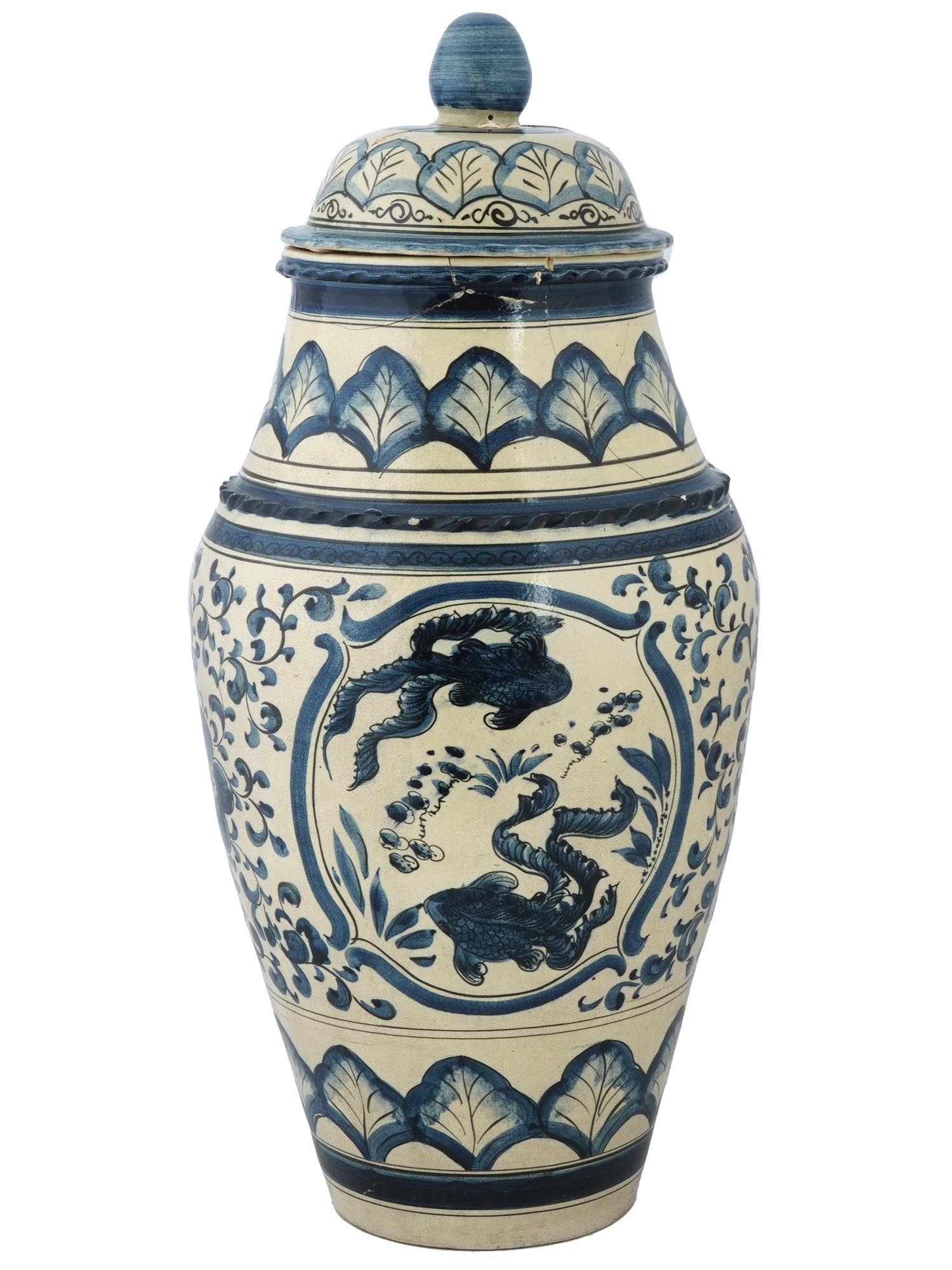 LARGE CHINESE COVERED BLUE WHITE PORCELAIN URN VASE PIC-0