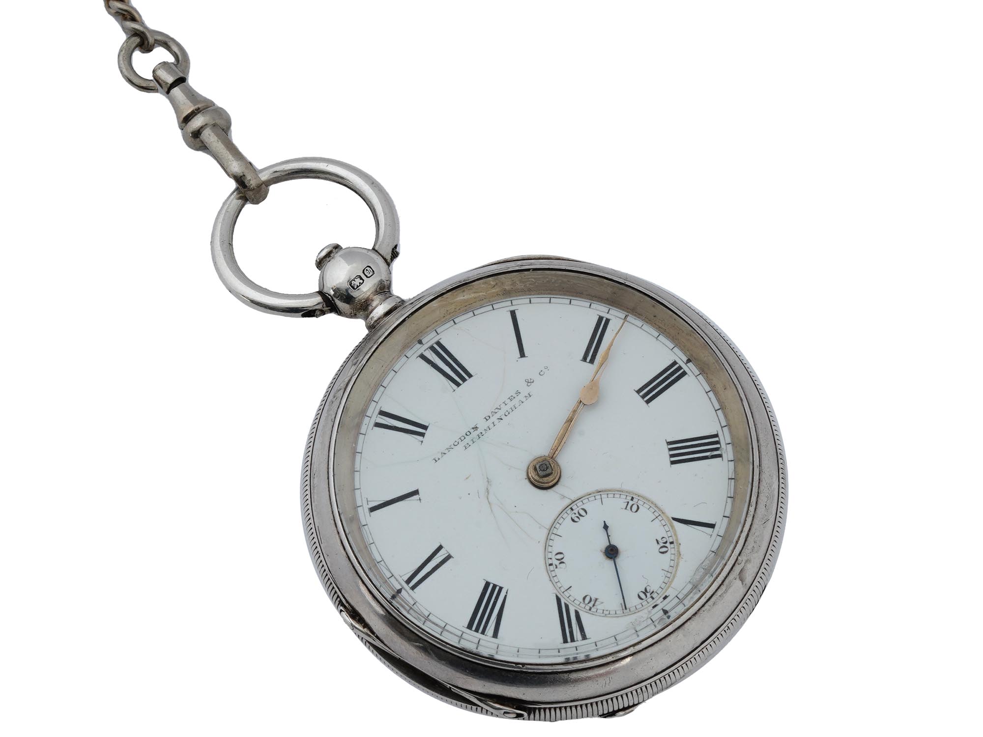 ANTIQUE LANGDON DAVIES STERLING SILVER POCKET WATCH PIC-2