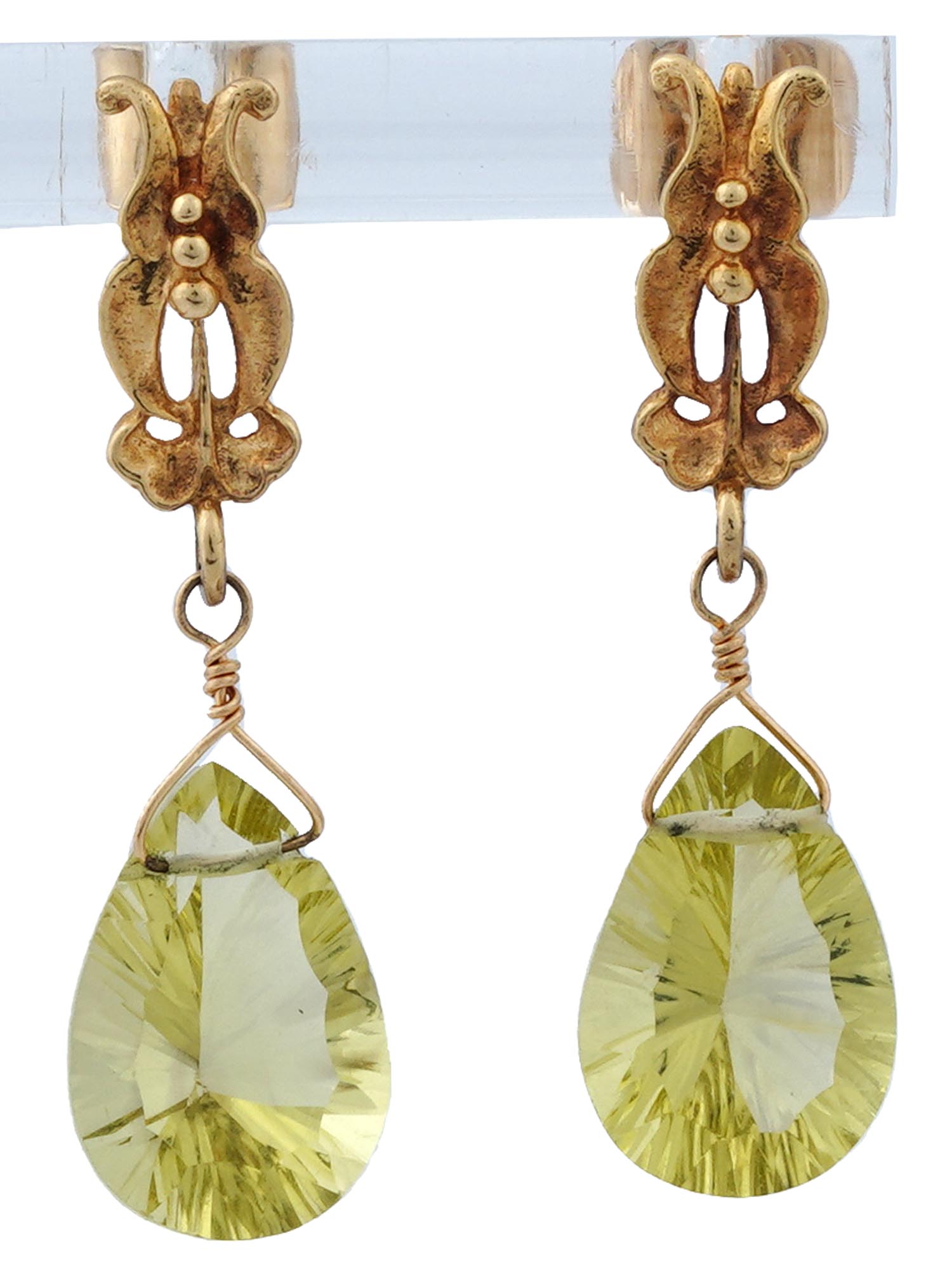 VINTAGE 14K GOLD LEMON QUARTZ DANGLE EARRINGS PIC-0