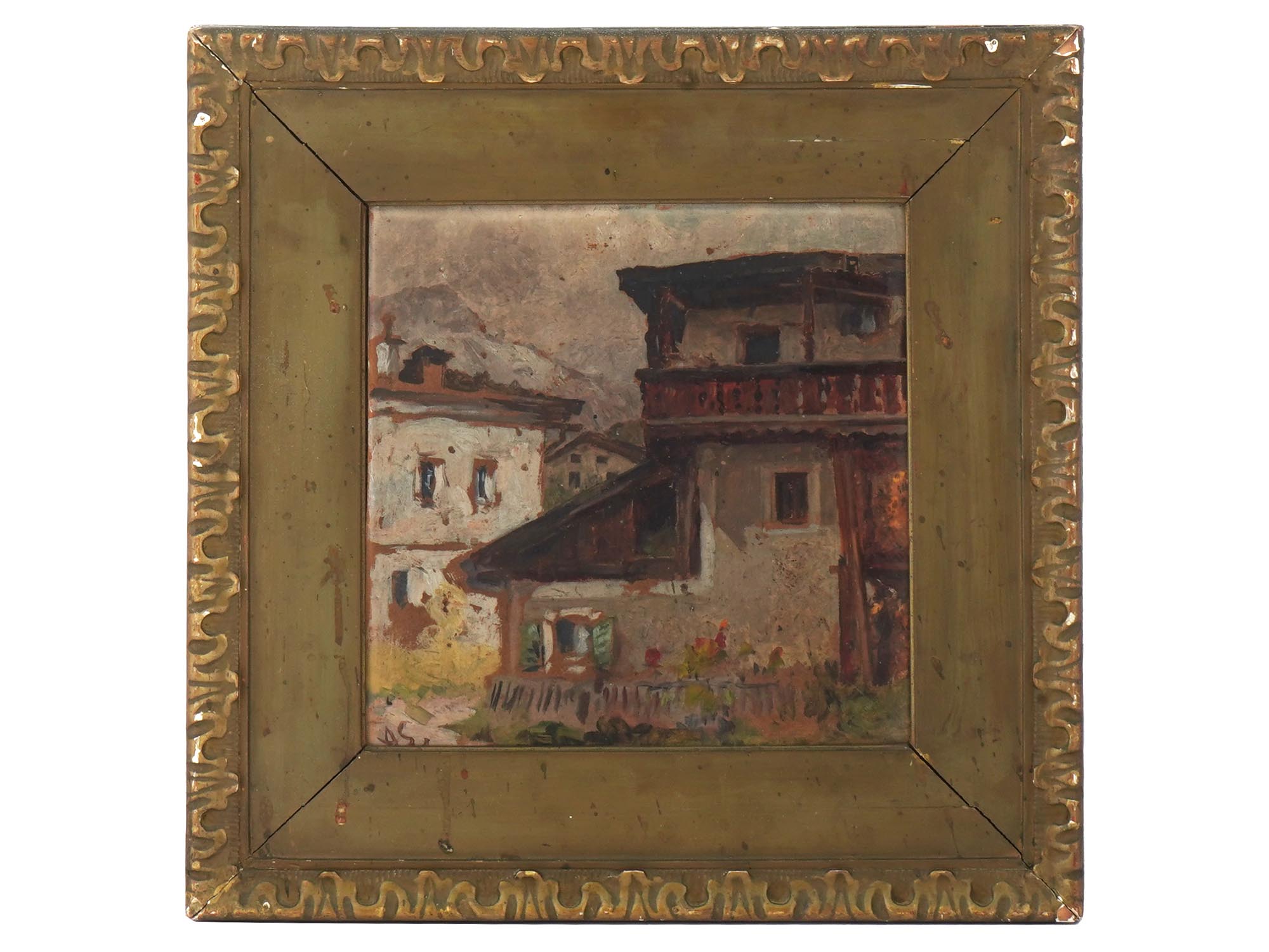 ANTIQUE AUSTRIAN HOUSE OIL PAINTING BY ANTON SCHRODL PIC-0