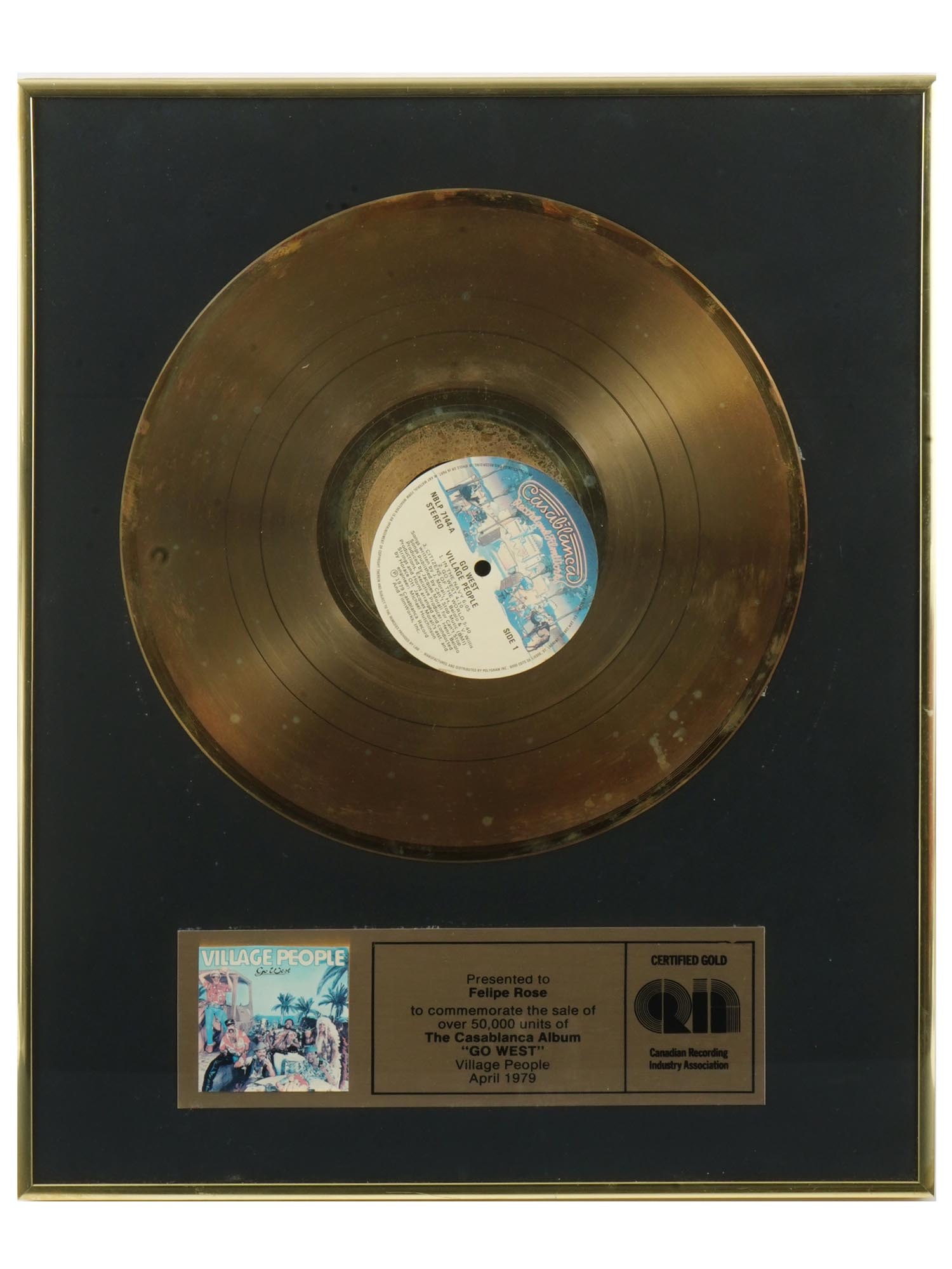 1979 VILLAGE PEOPLE MUSIC GOLD RECORD IN SHADOW BOX PIC-0