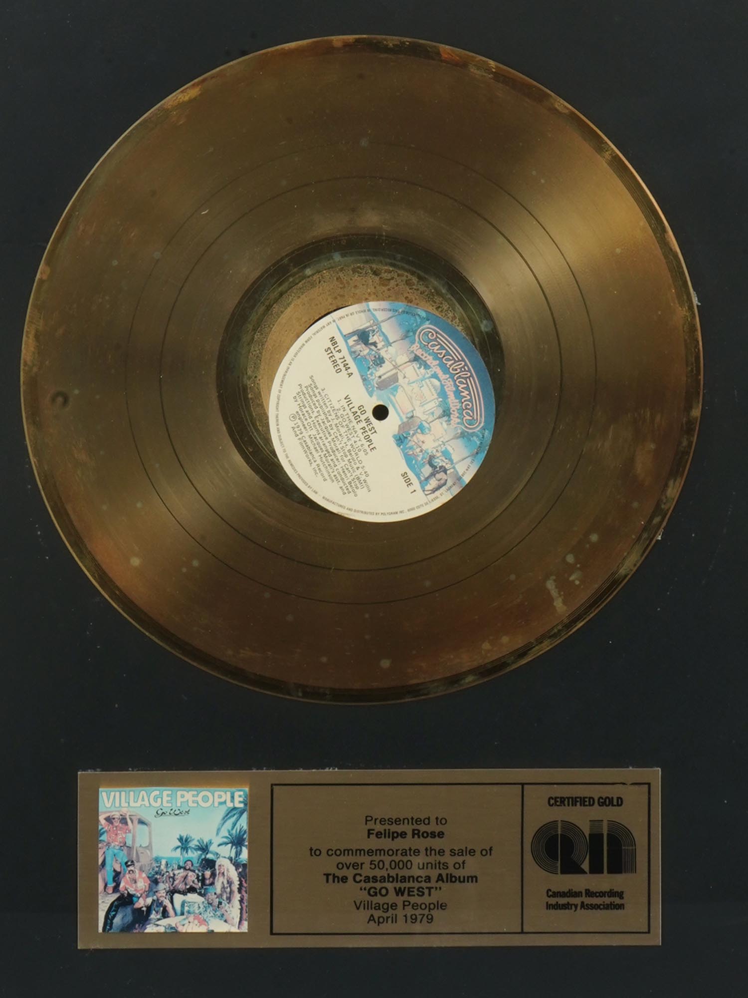 1979 VILLAGE PEOPLE MUSIC GOLD RECORD IN SHADOW BOX PIC-1