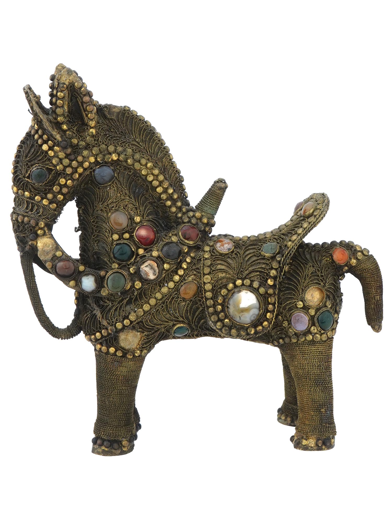 TIBETAN GILT BRONZE FILIGREE GEMSTONE HORSE FIGURE PIC-