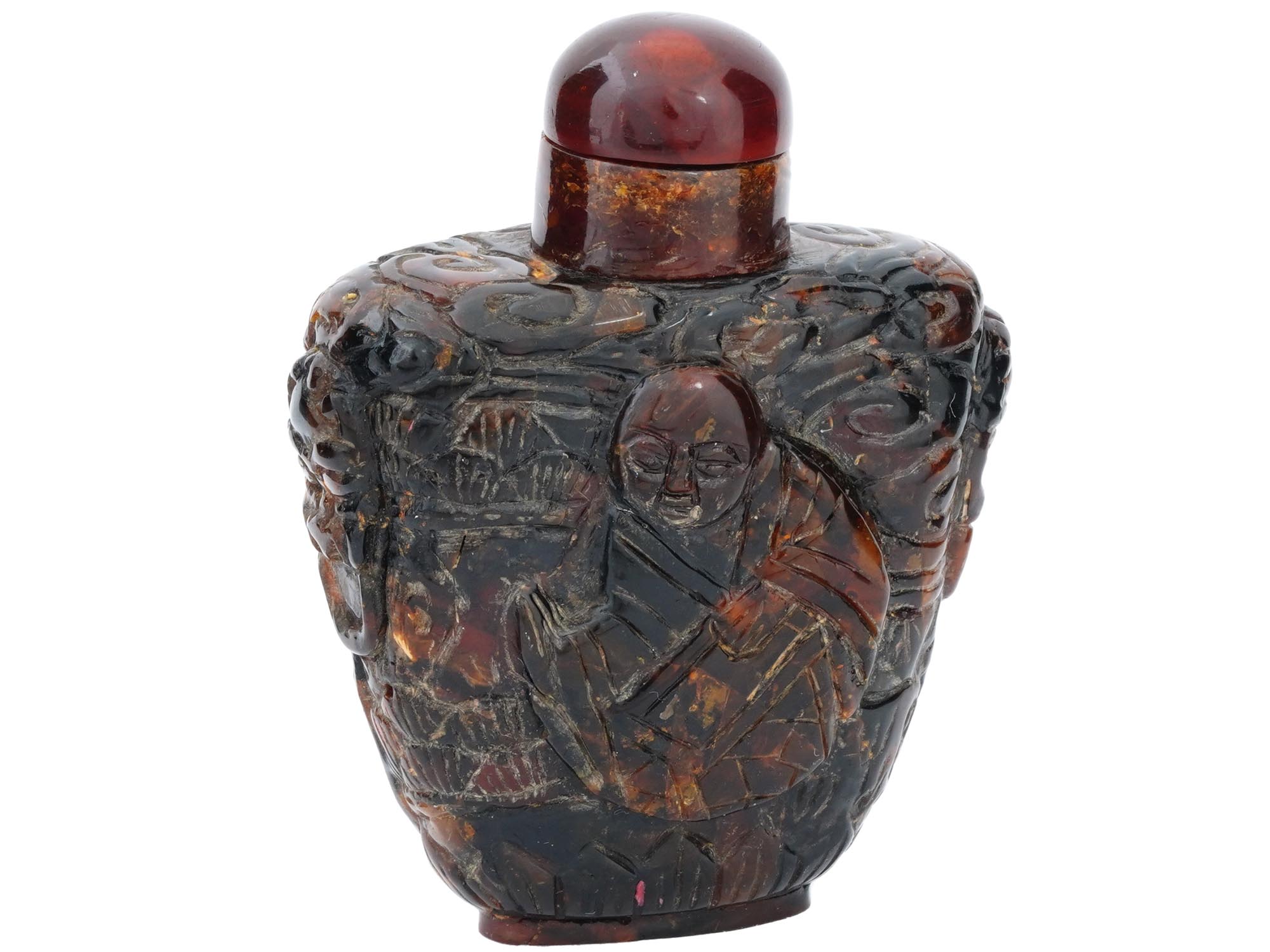 ANTIQUE CHINESE IMMORTALS CARVED AMBER SNUFF BOTTLE PIC-2