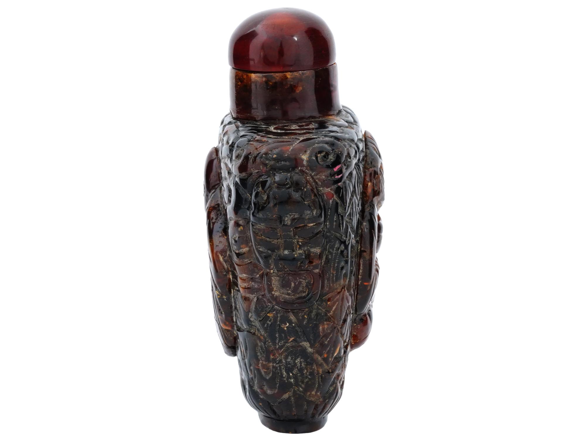 ANTIQUE CHINESE IMMORTALS CARVED AMBER SNUFF BOTTLE PIC-3