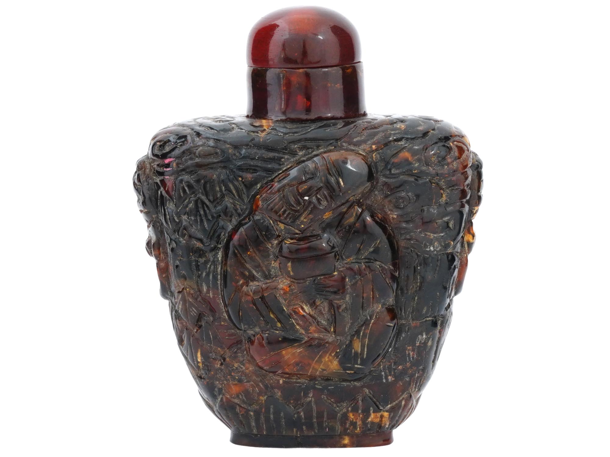 ANTIQUE CHINESE IMMORTALS CARVED AMBER SNUFF BOTTLE PIC-0