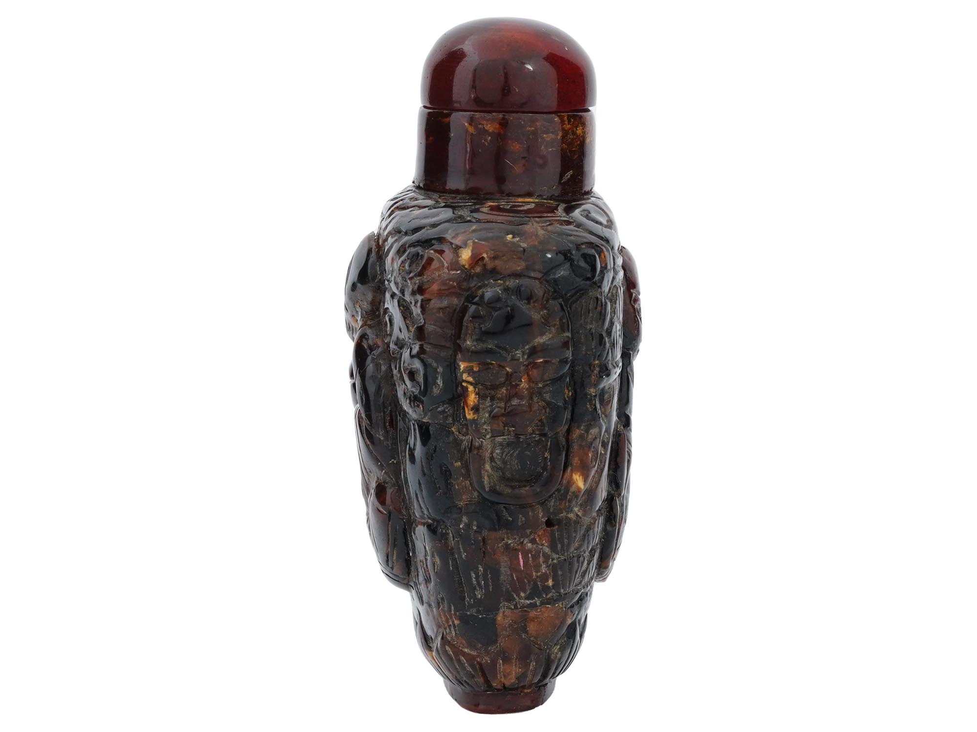 ANTIQUE CHINESE IMMORTALS CARVED AMBER SNUFF BOTTLE PIC-1