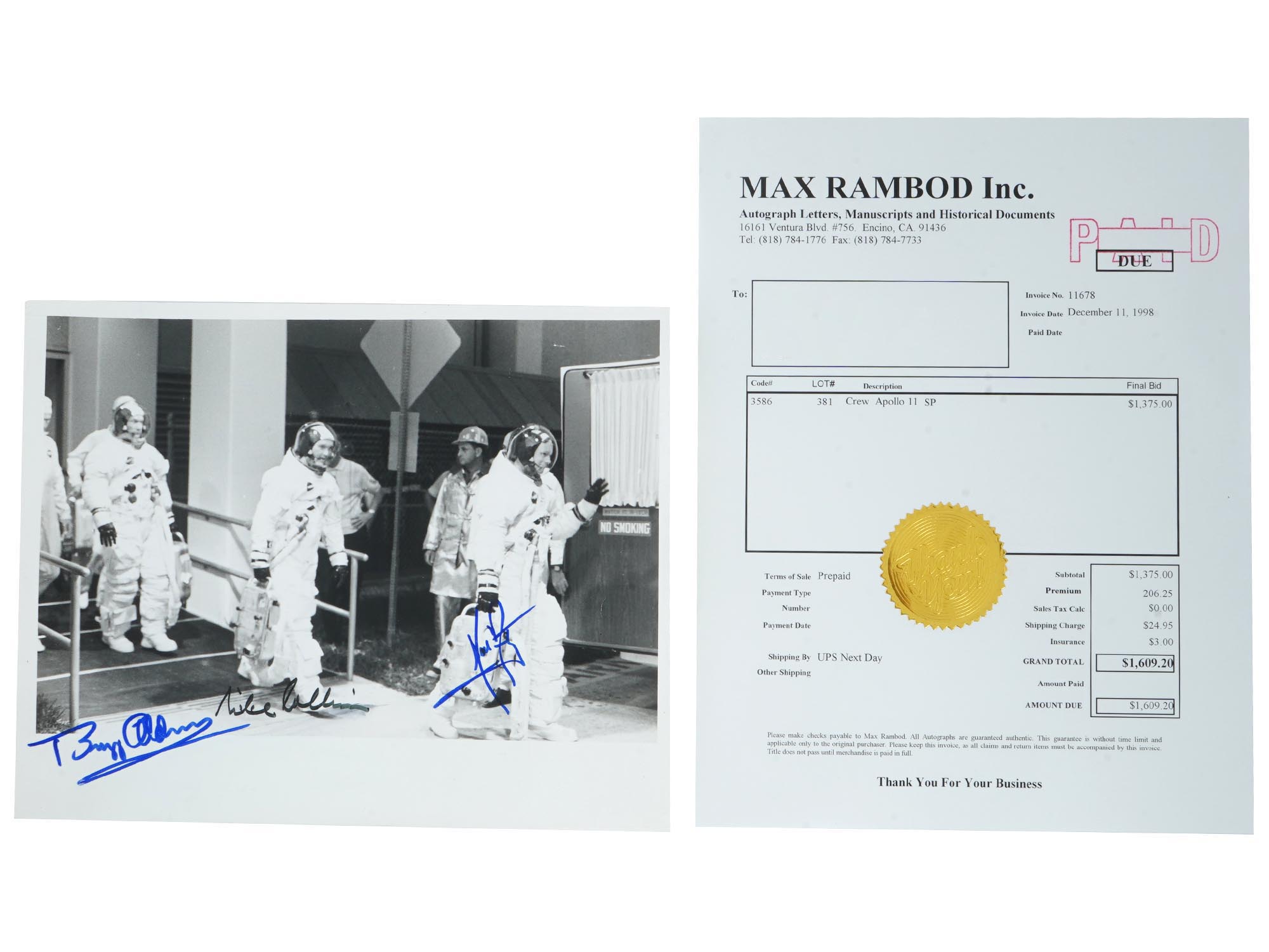 1969 PHOTOGRAPH OF APOLLO 11 CREW WITH AUTOGRAPHS PIC-0