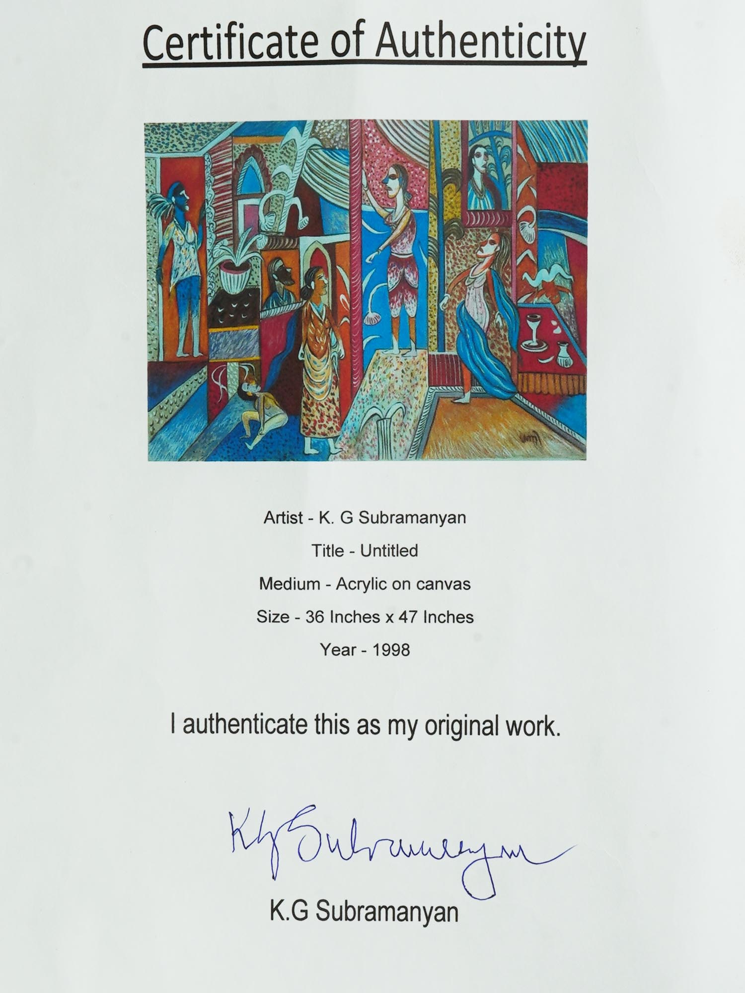 INDIAN ACRYLIC PAINTING BY K G SUBRAMANYAN W COA PIC-3