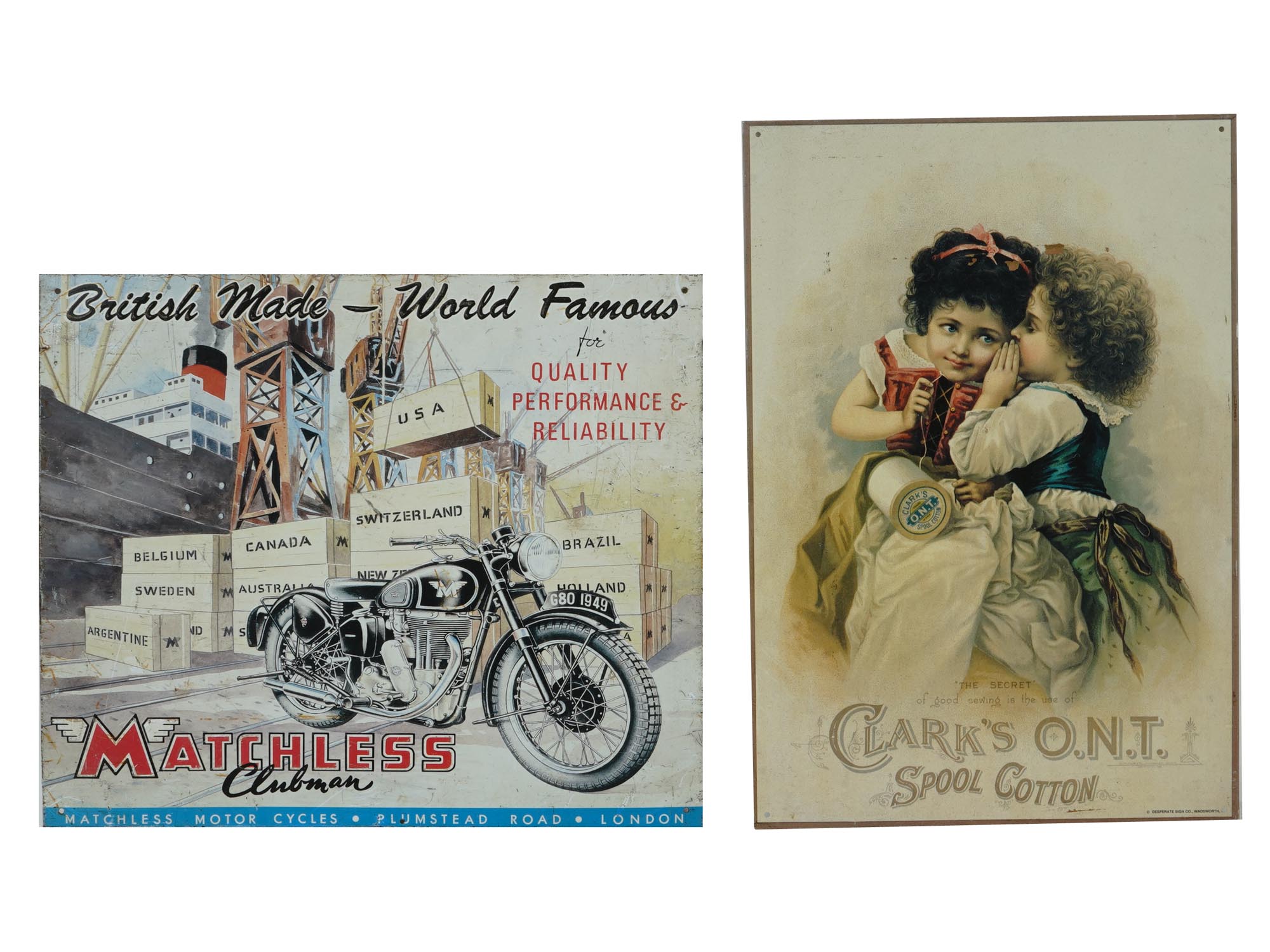 ANTIQUE TIN ADVERTISING SIGNS MOTORCYCLES AND COTTON PIC-0