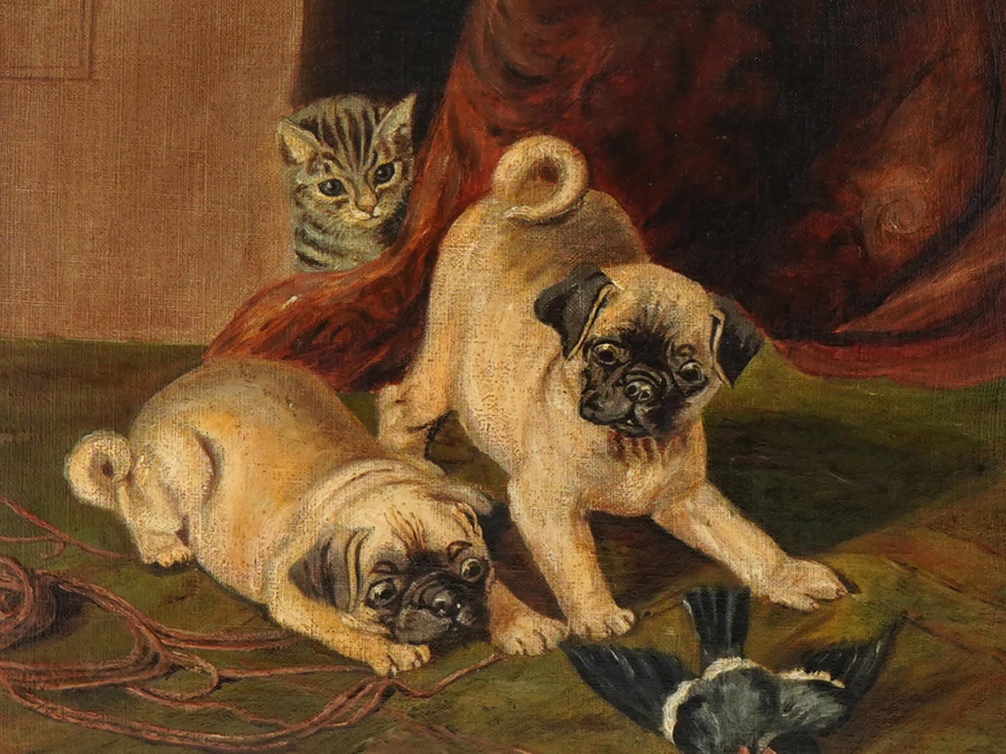 ANTIQUE 19TH C OIL PAINTING OF TWO PUGS AND A CAT PIC-1
