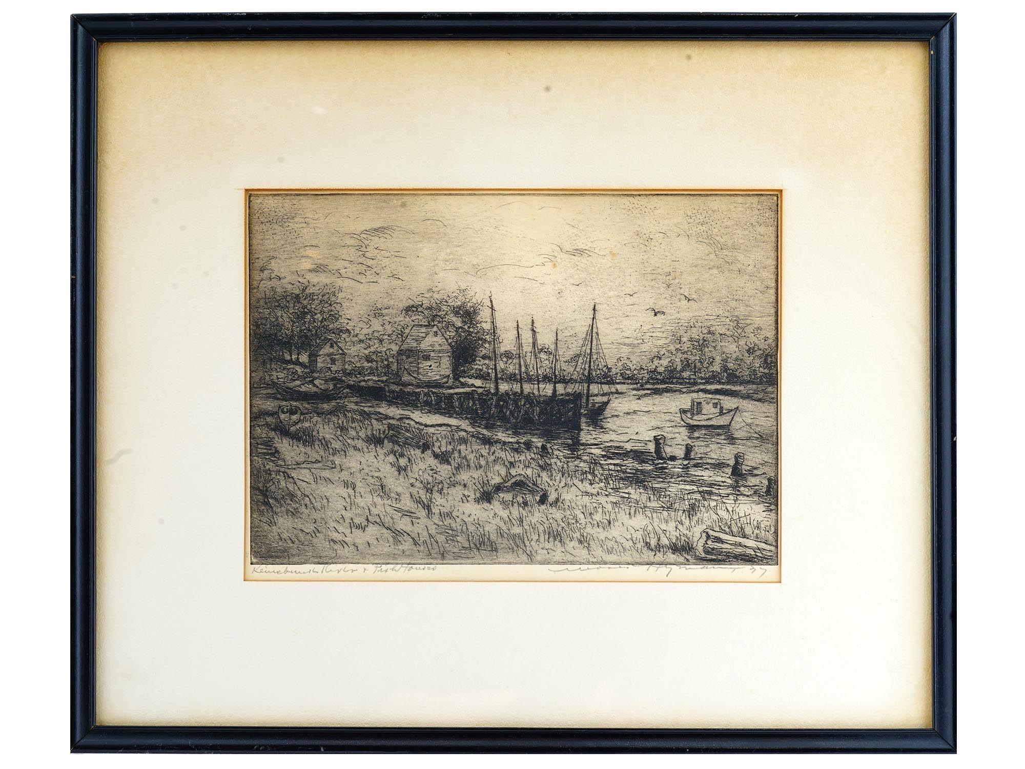 ANTIQUE AMERICAN SEASCAPE ETCHING BY MOSES HYMAN PIC-0