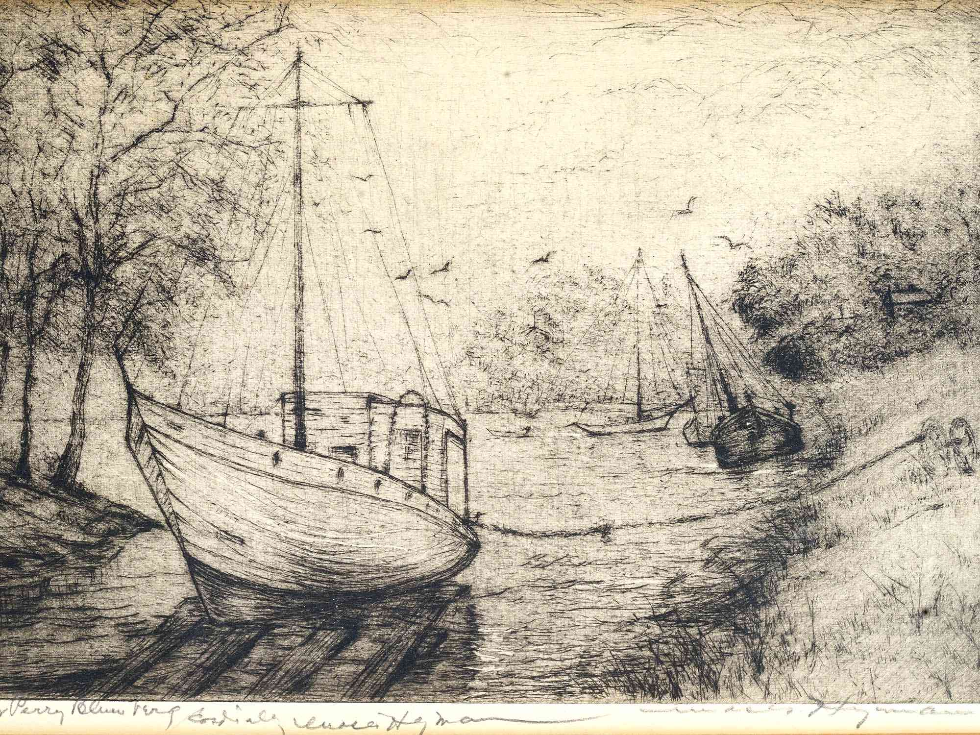 ANTIQUE AMERICAN SEASCAPE ETCHING BY MOSES HYMAN PIC-1