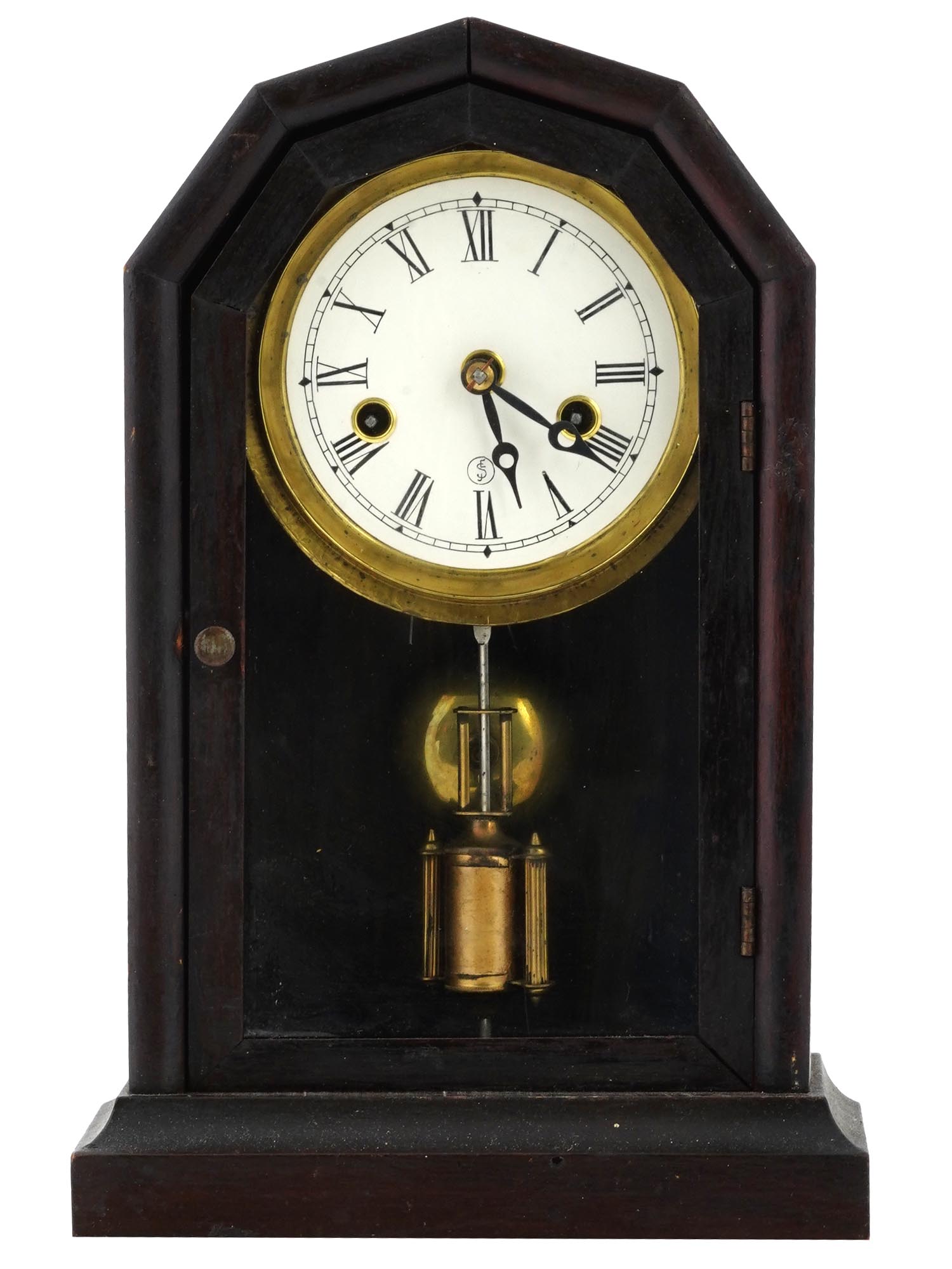 ANTIQUE MAHOGANY WOOD MANTEL CLOCK WITH PENDULUM PIC-0