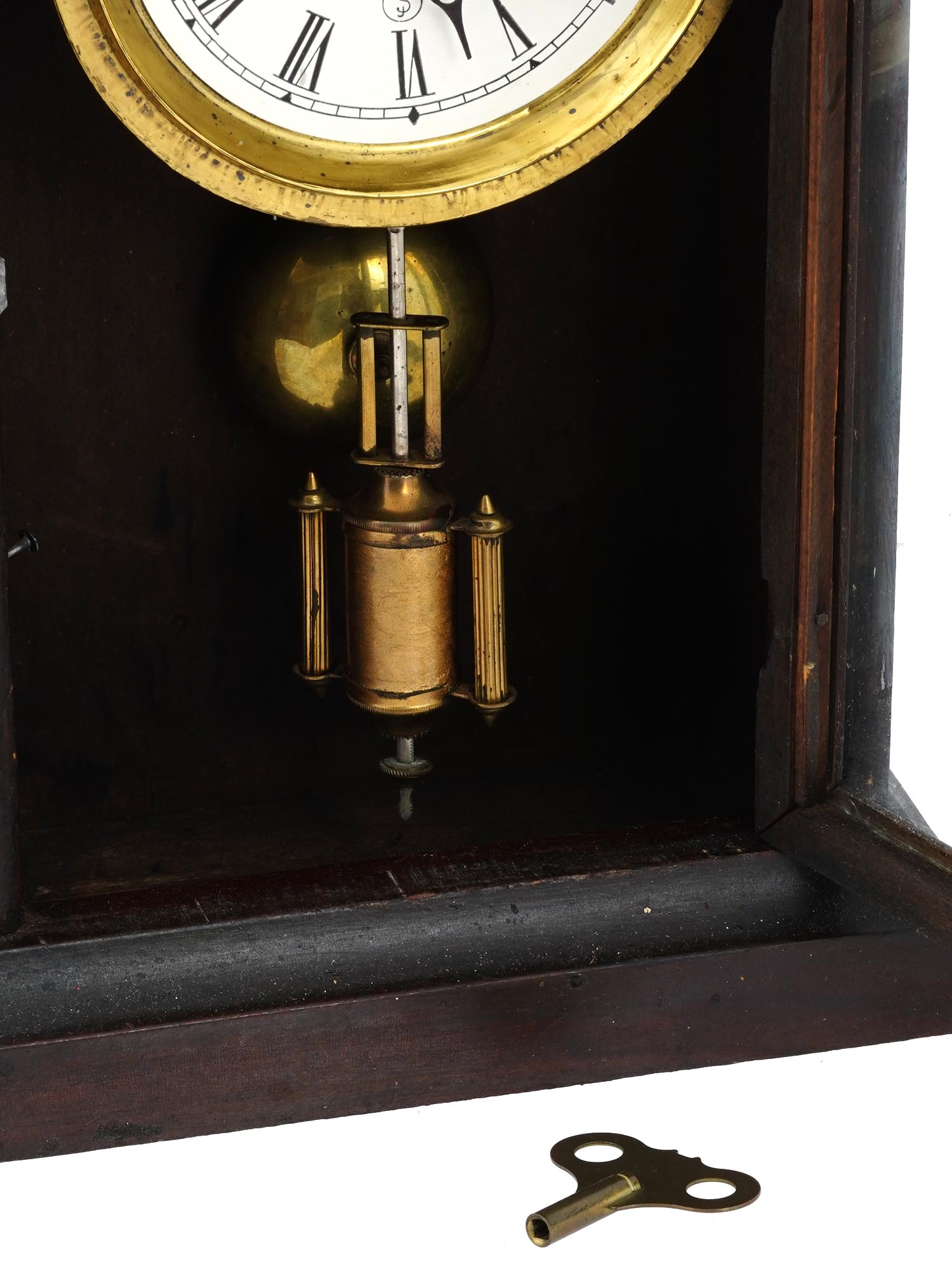 ANTIQUE MAHOGANY WOOD MANTEL CLOCK WITH PENDULUM PIC-6