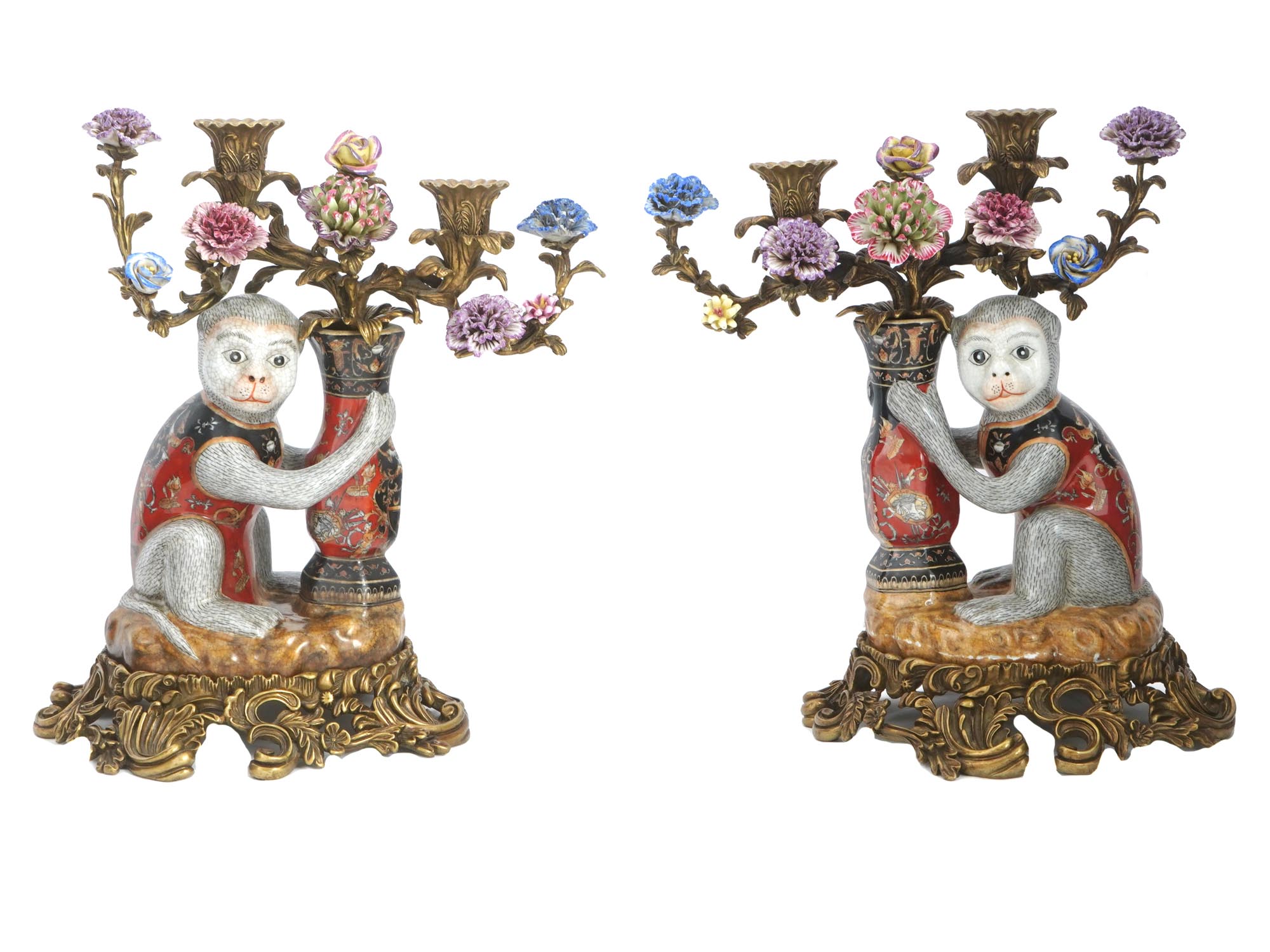 VINTAGE CHINESE BRONZE PORCELAIN MONKEY CANDELABRAS PIC-0