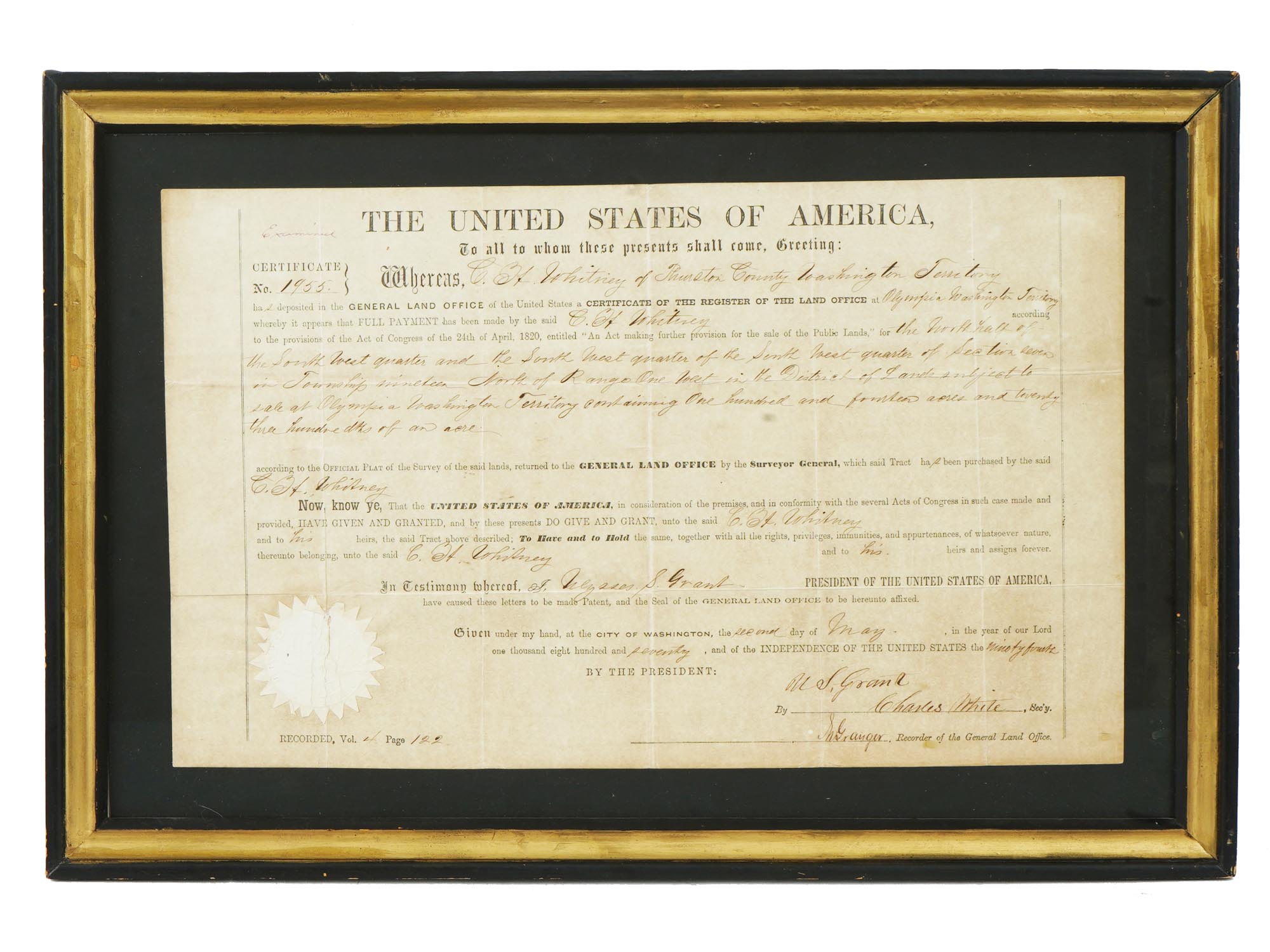 1870 AMERICAN LAND GRANT DOCUMENT SIGNED BY GRANT PIC-0