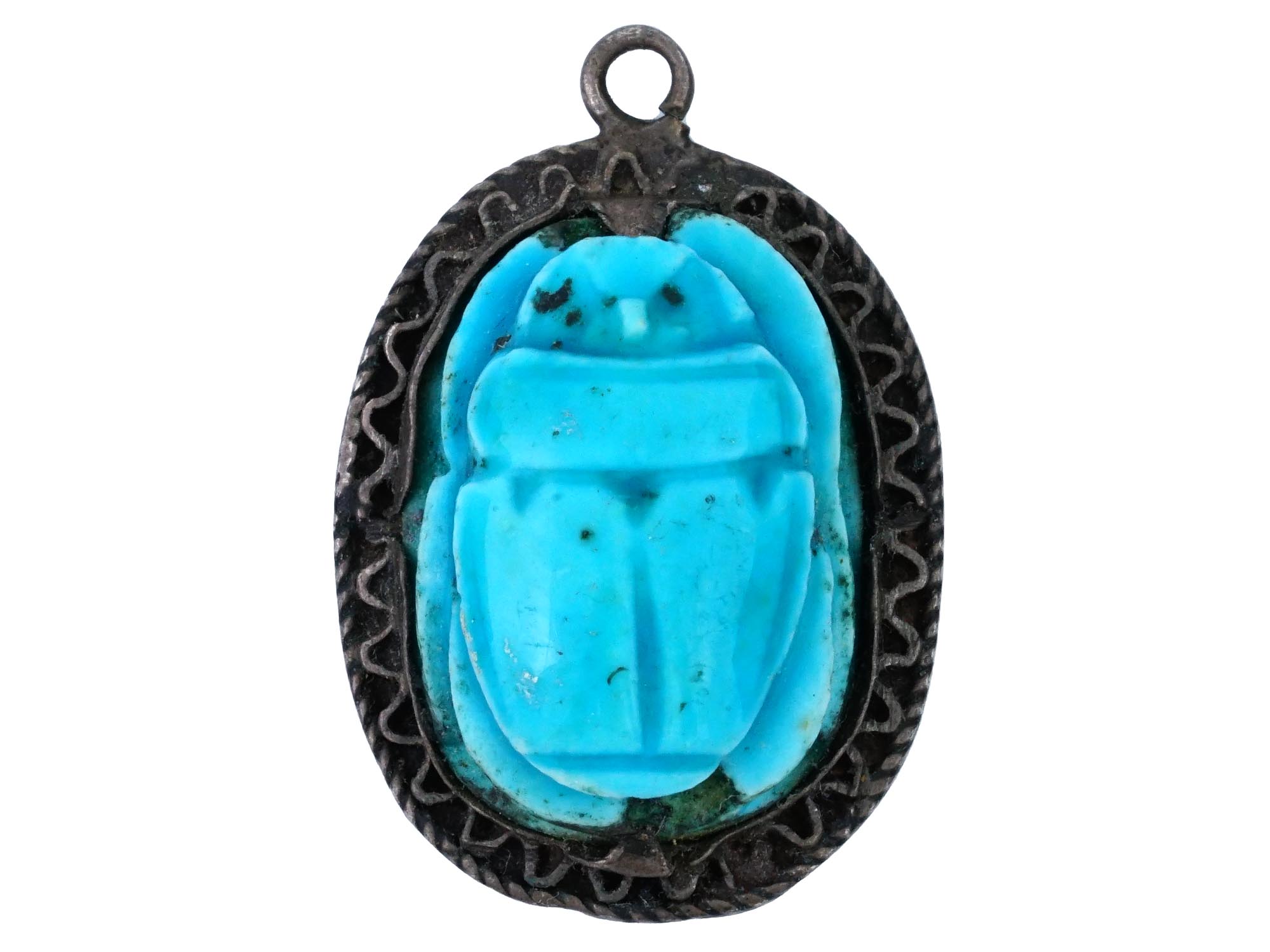 ANTIQUE GRAND TOUR FAIENCE SILVER SCARAB PENDANT PIC-0